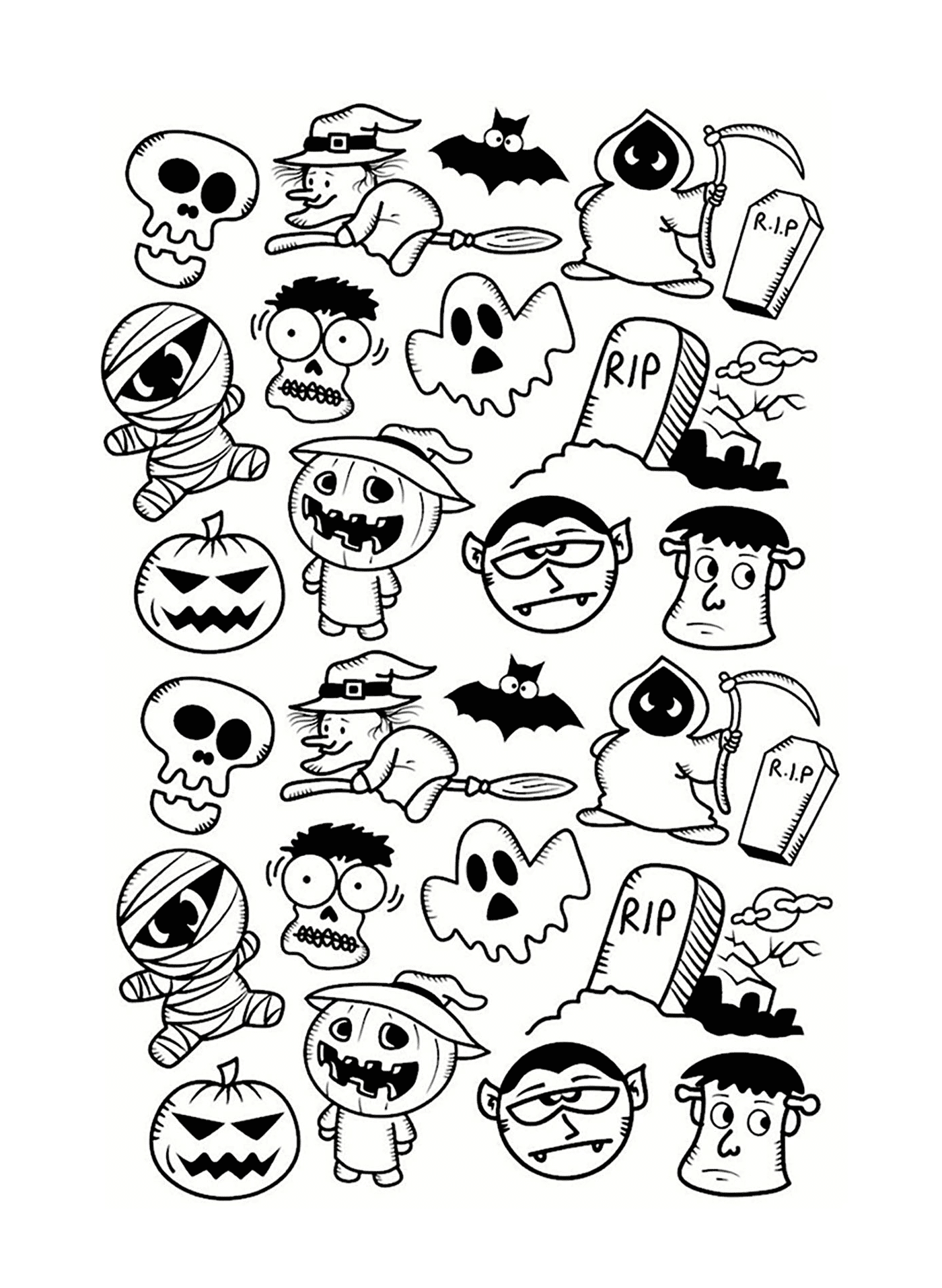 coloriage halloween personnages doodle