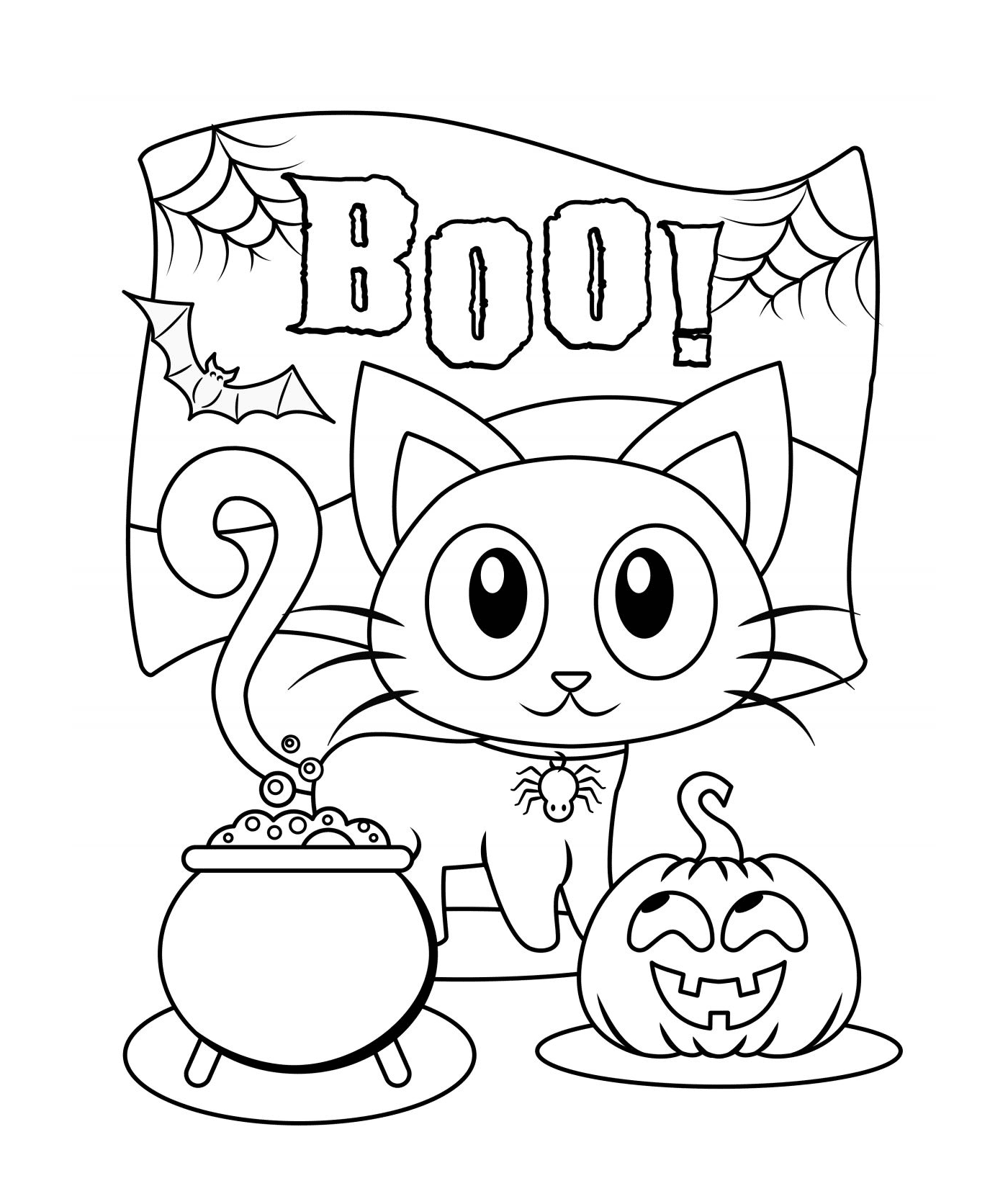 coloriage Halloween Boo Chat noir citrouille