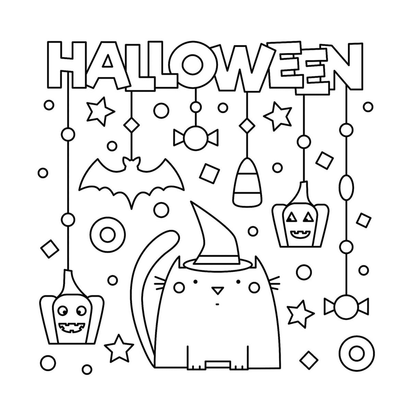 coloriage joyeuse halloween avec chat citrouille et decorations