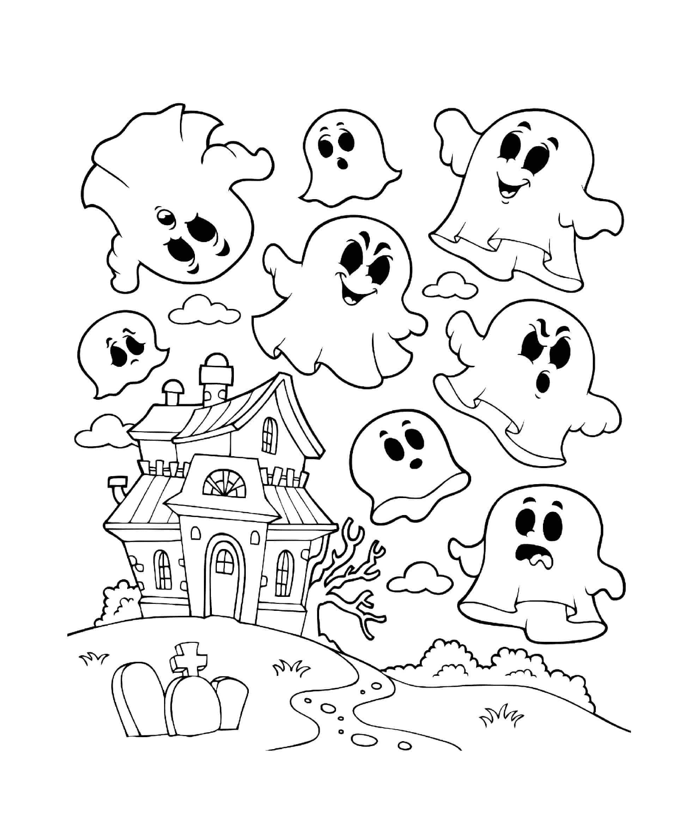 coloriage maison hantee avec des fantomes