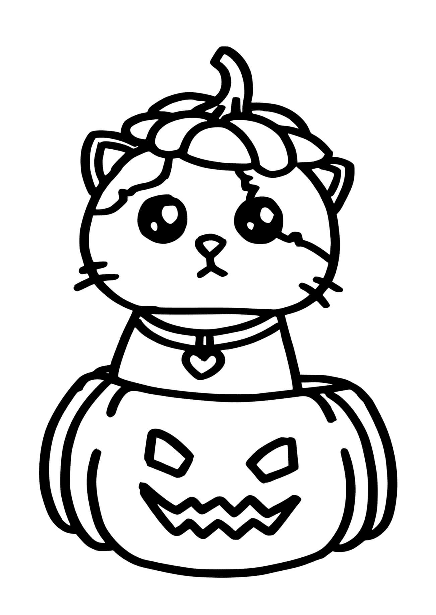 coloriage chat kawaii dans une cirtrouille halloween facile