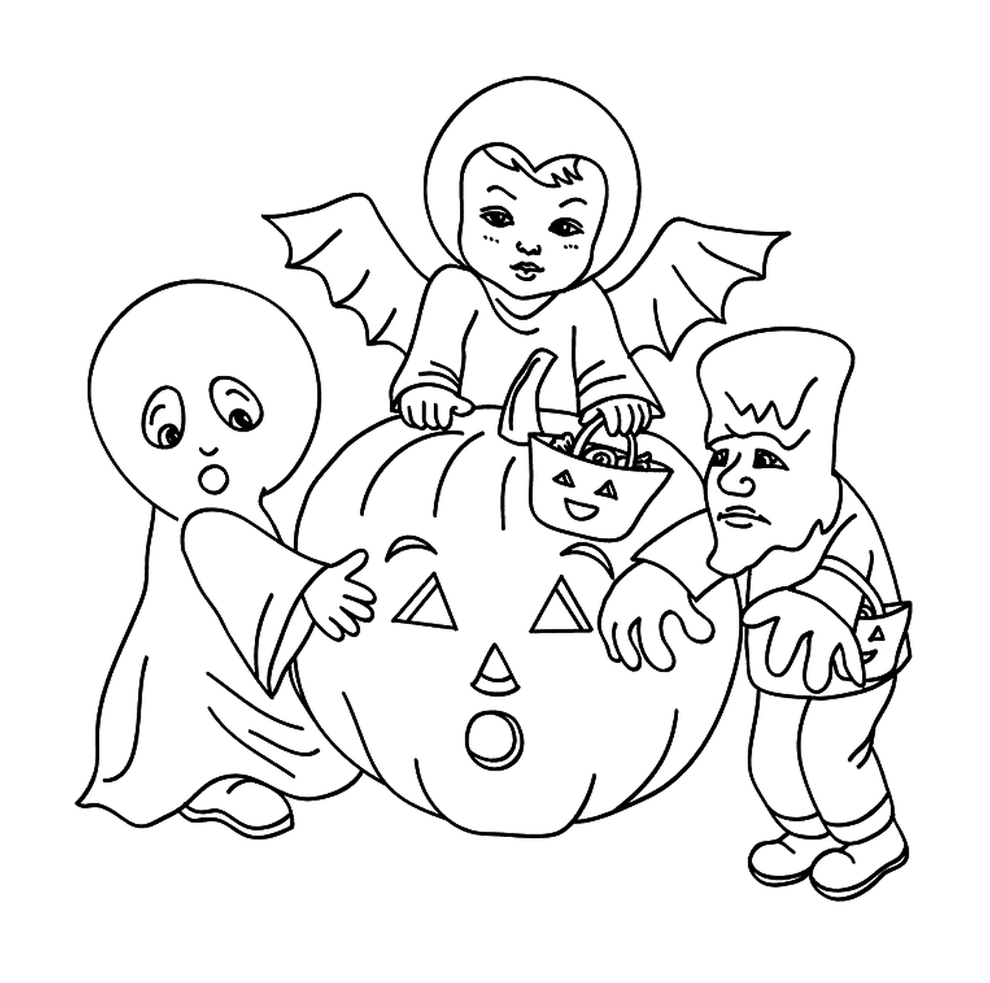 coloriage 3 enfants deguises pour halloween avec une citrouille