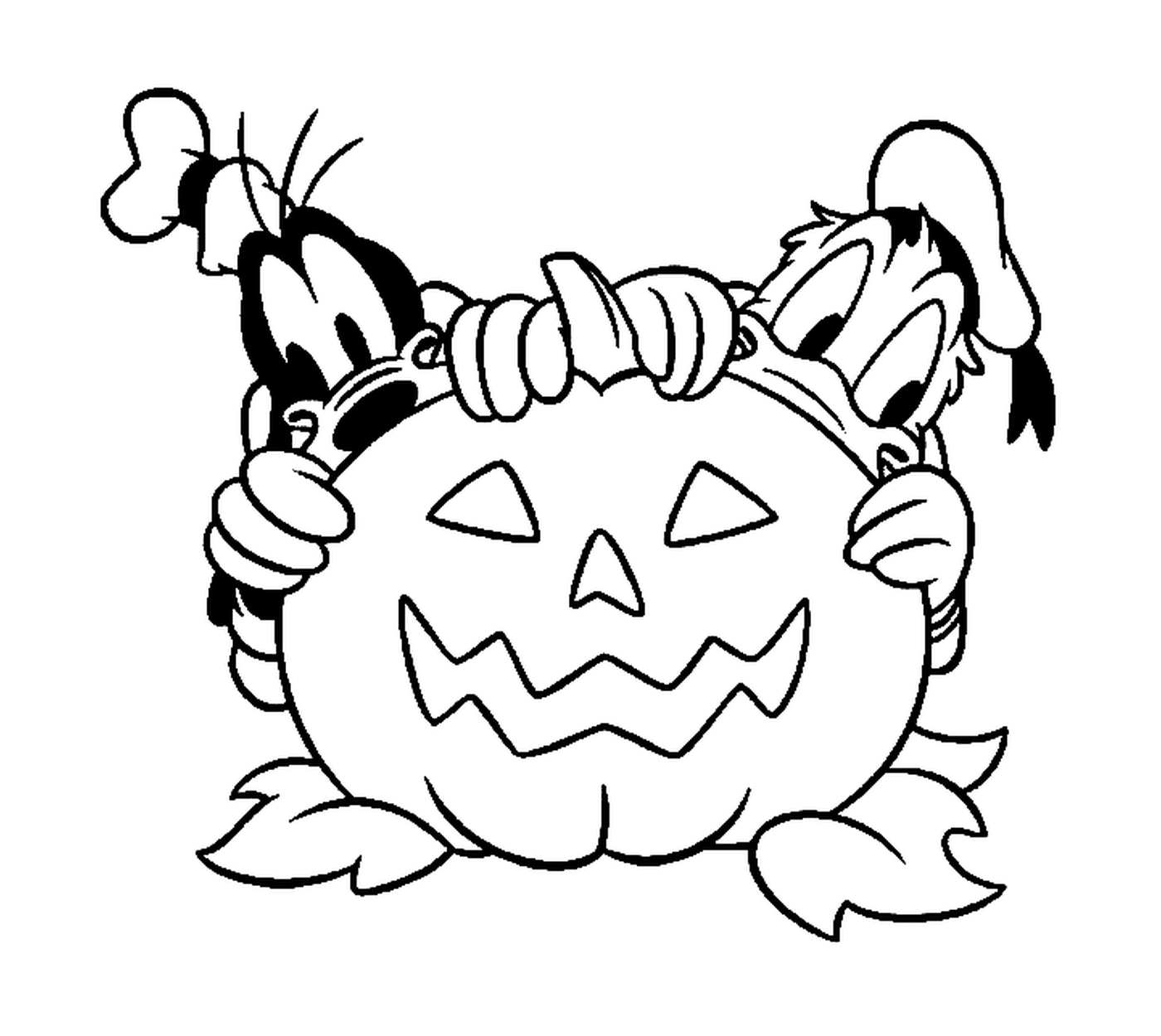 coloriage Donald et Dingo se cachent derriere une citrouille d Halloween