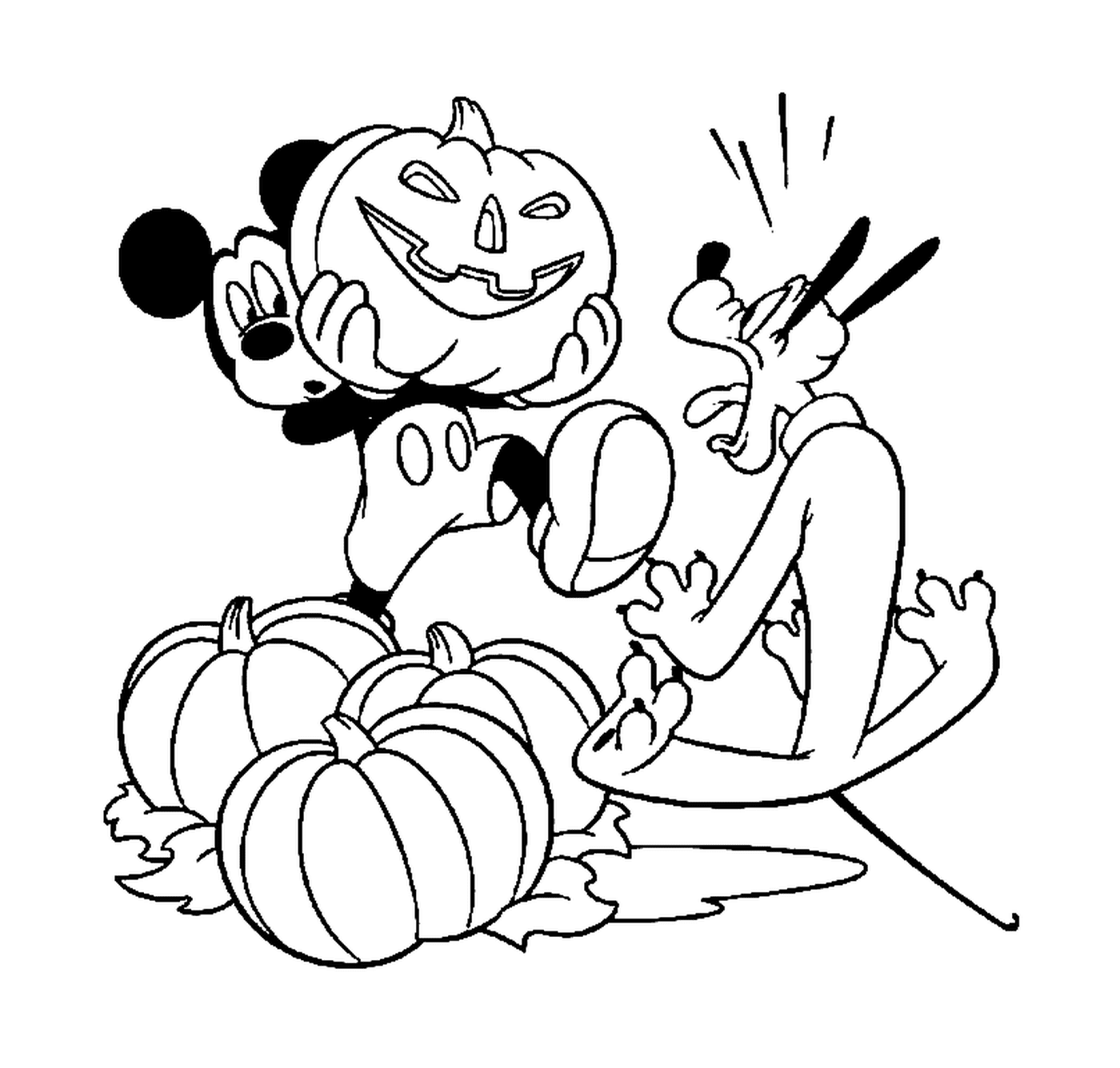 coloriage Pluto a peur de la citrouille de Mickey