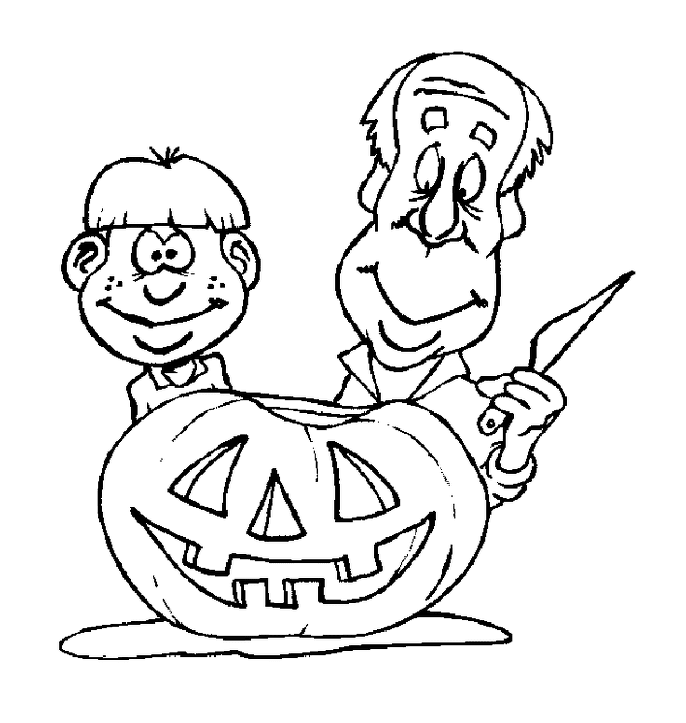 un pere et son fils preparent la citrouille d halloween