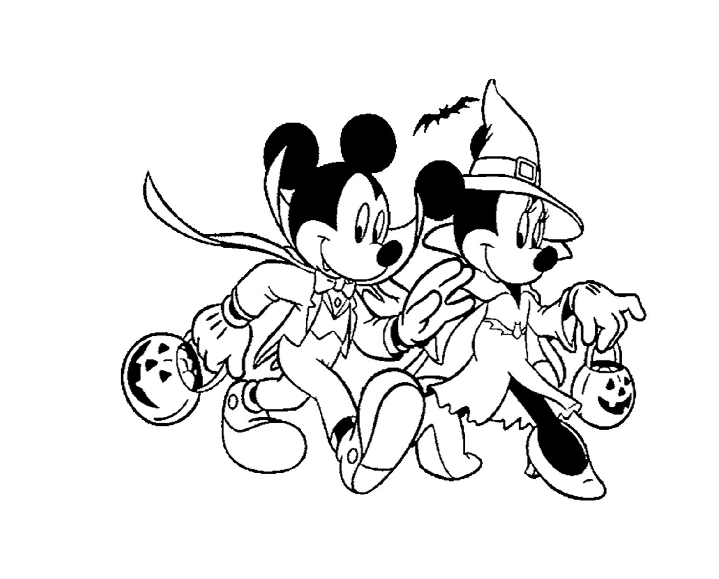 coloriage Disney Halloween Minnie la sorciere avec Mickey