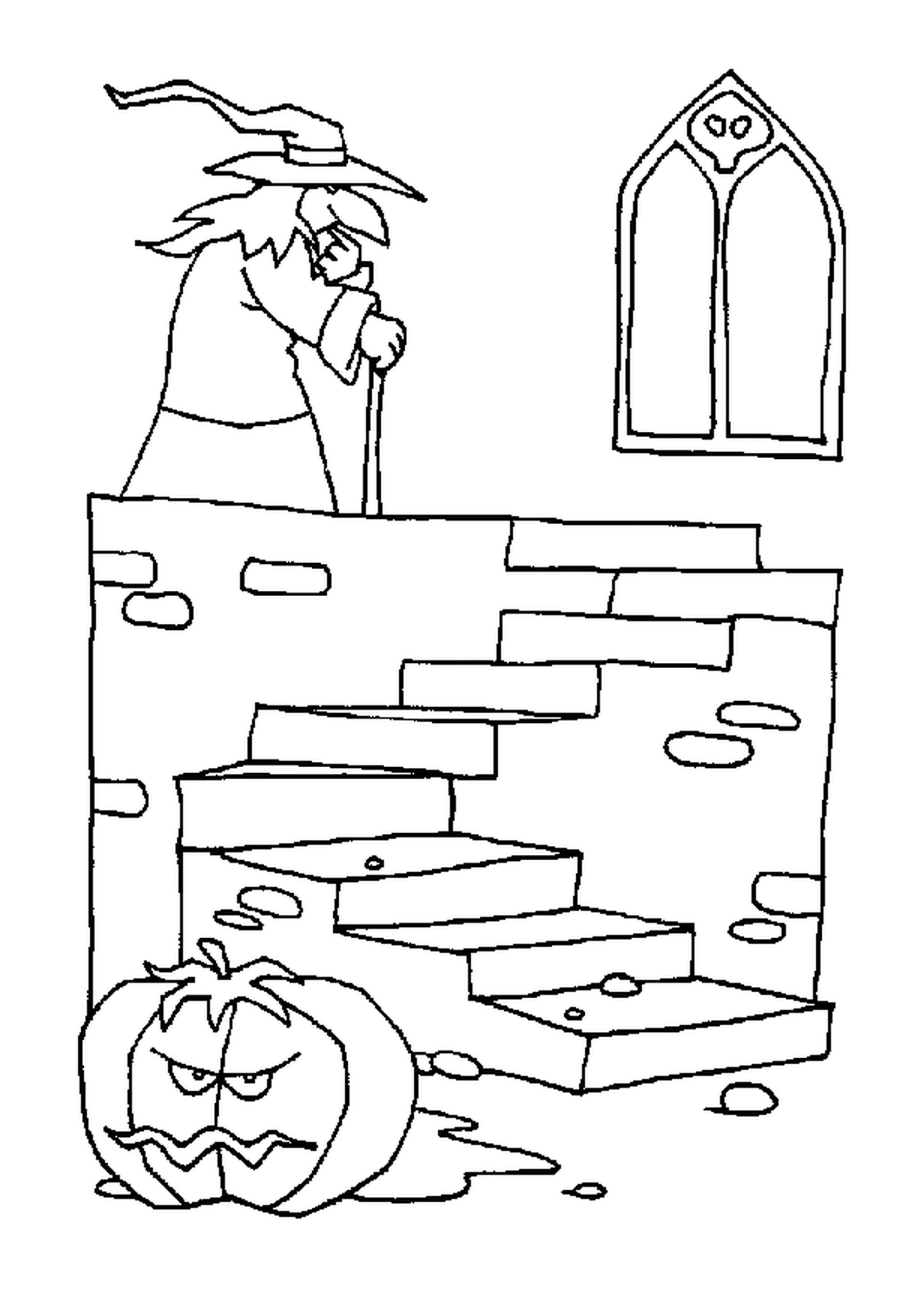 dessin d une sorciere a la recherche de sa citrouille d halloween dans son manoir