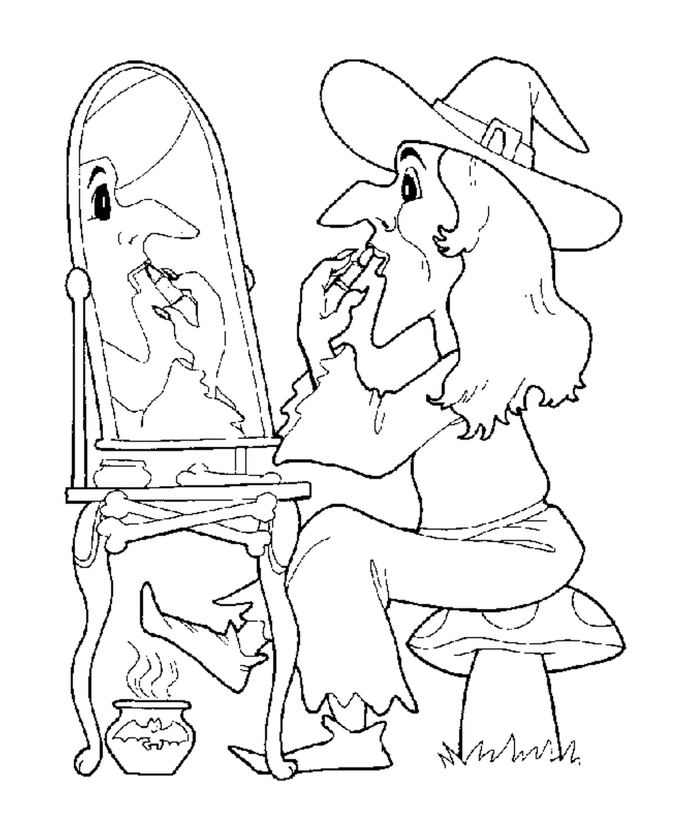 dessin d une sorciere qui se maquille devant son miroir