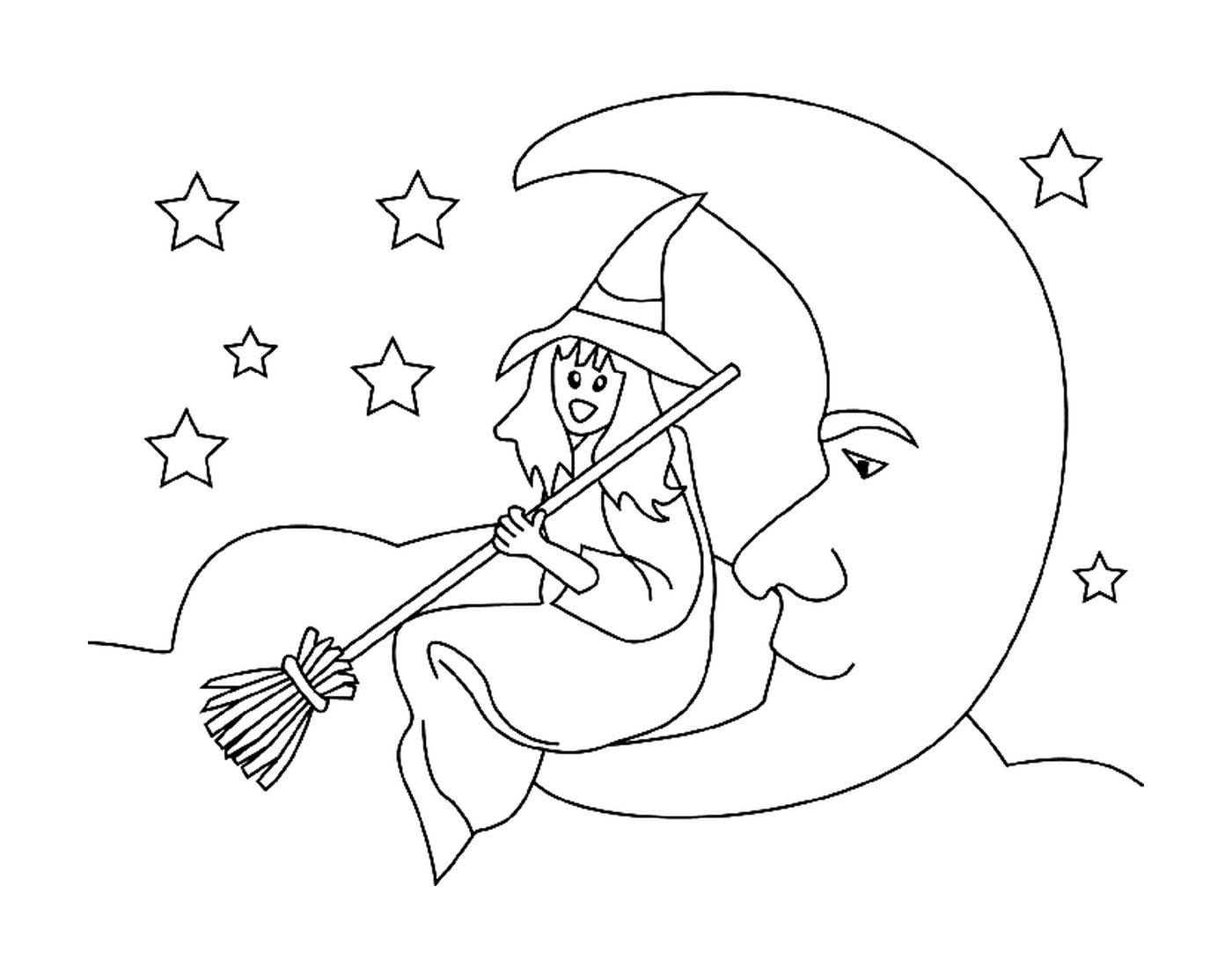 coloriage une sorciere assise sur lune conptemple les etoiles