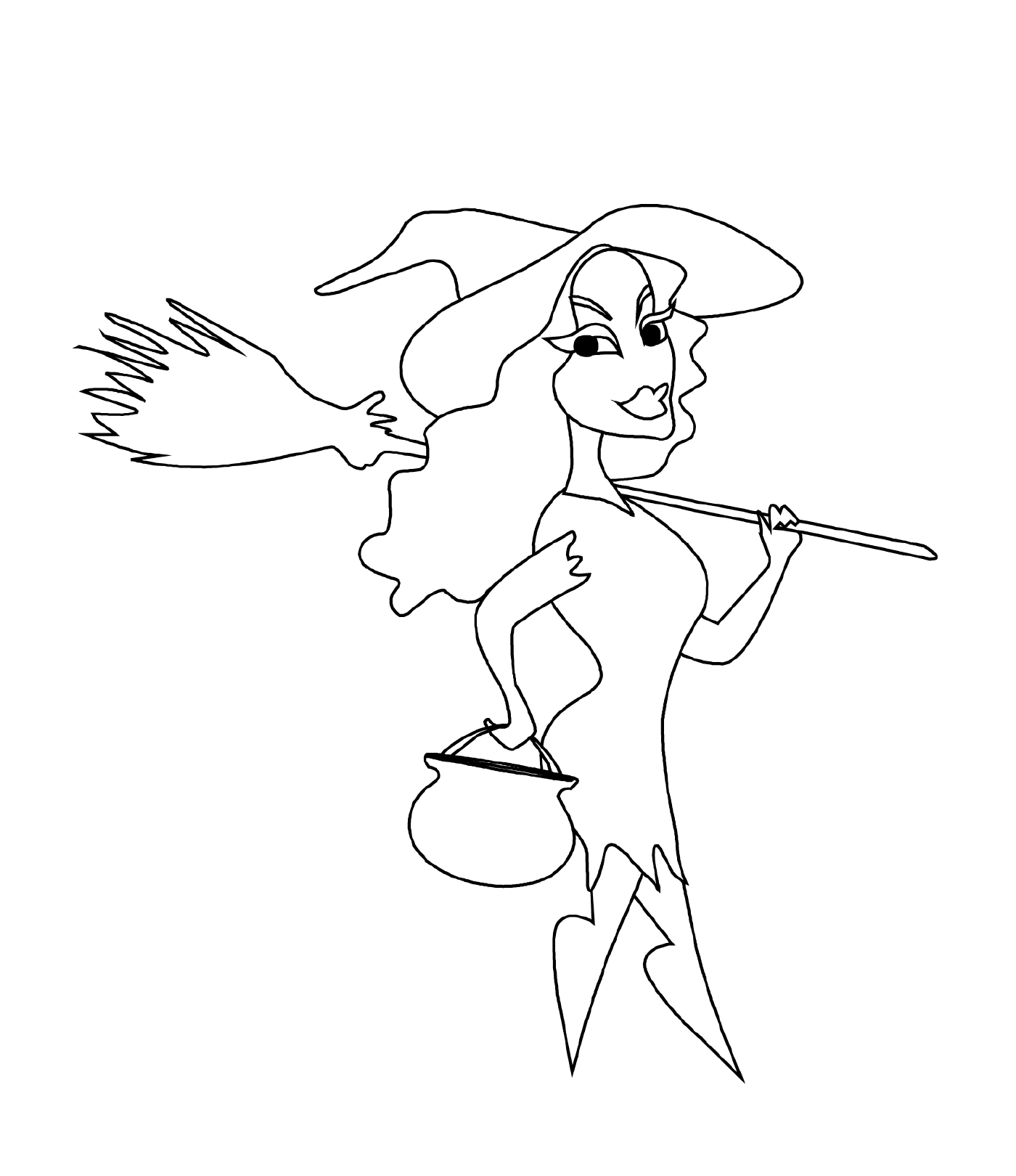 coloriage witch with broomstick and cauldron halloween