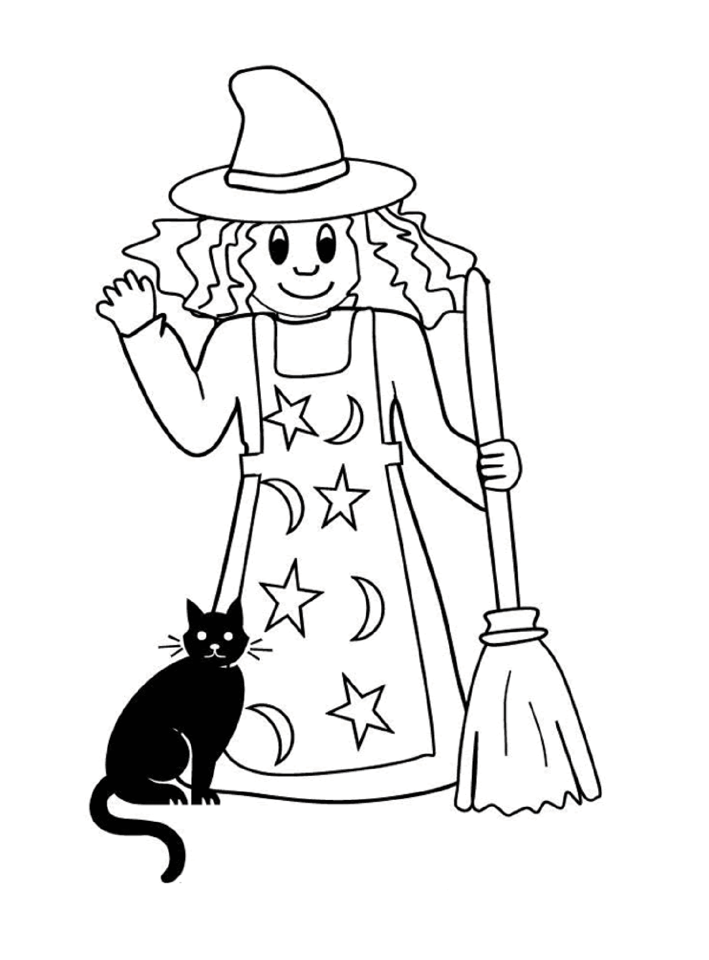 coloriage sorciere simple avec son chat noir