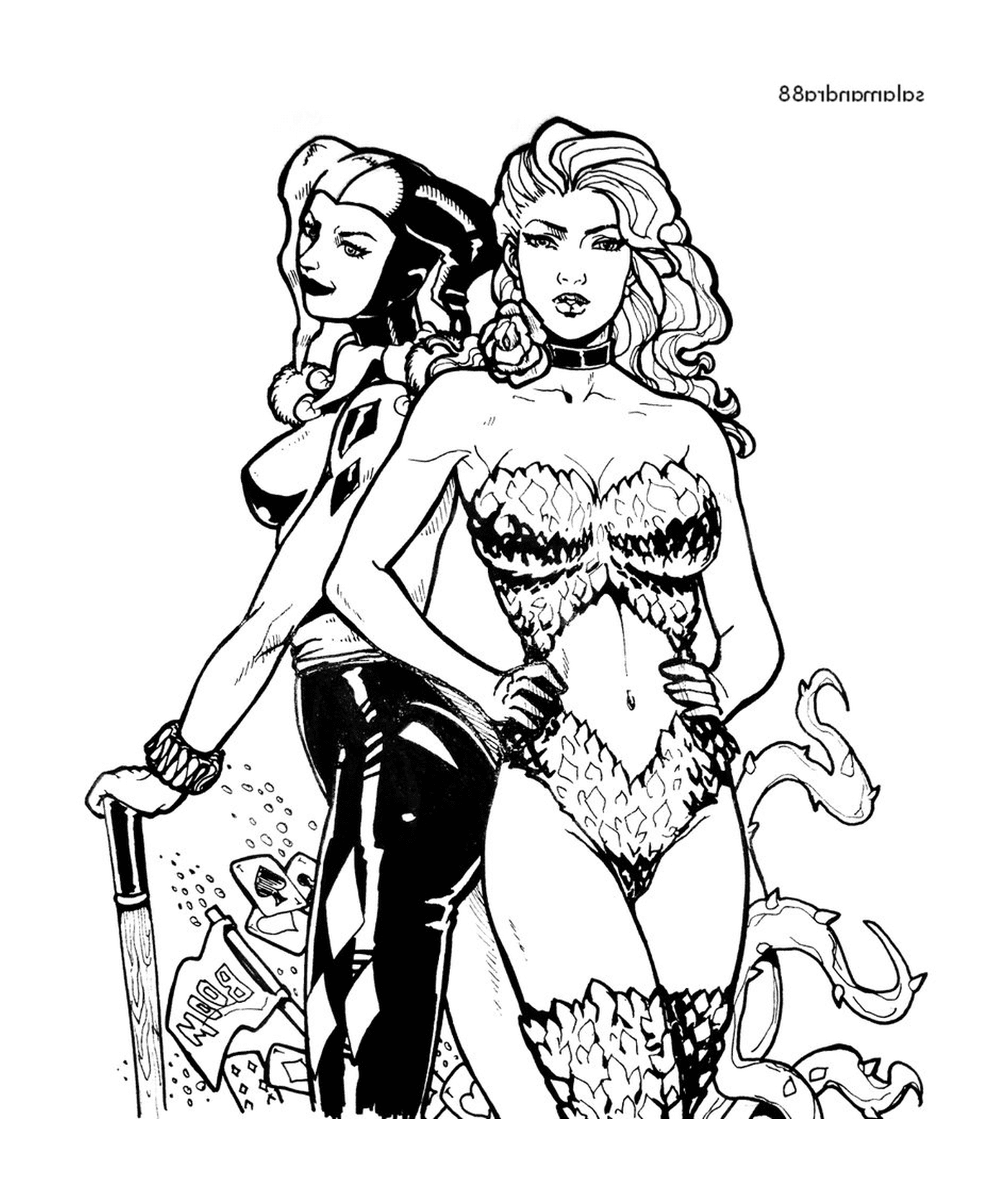 coloriage poison ivy and harley quinn by salamandra