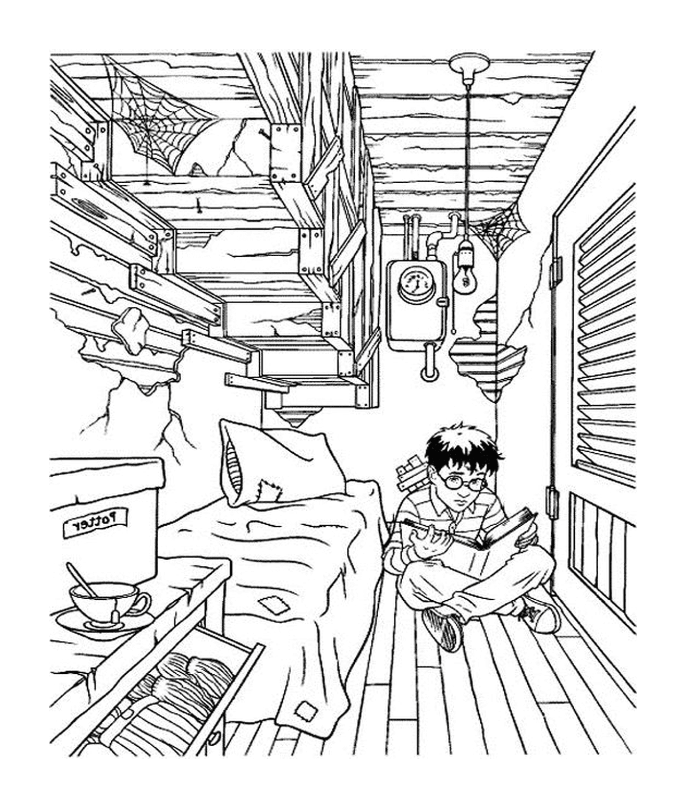 coloriage Harry Potter dans sa petite chambre