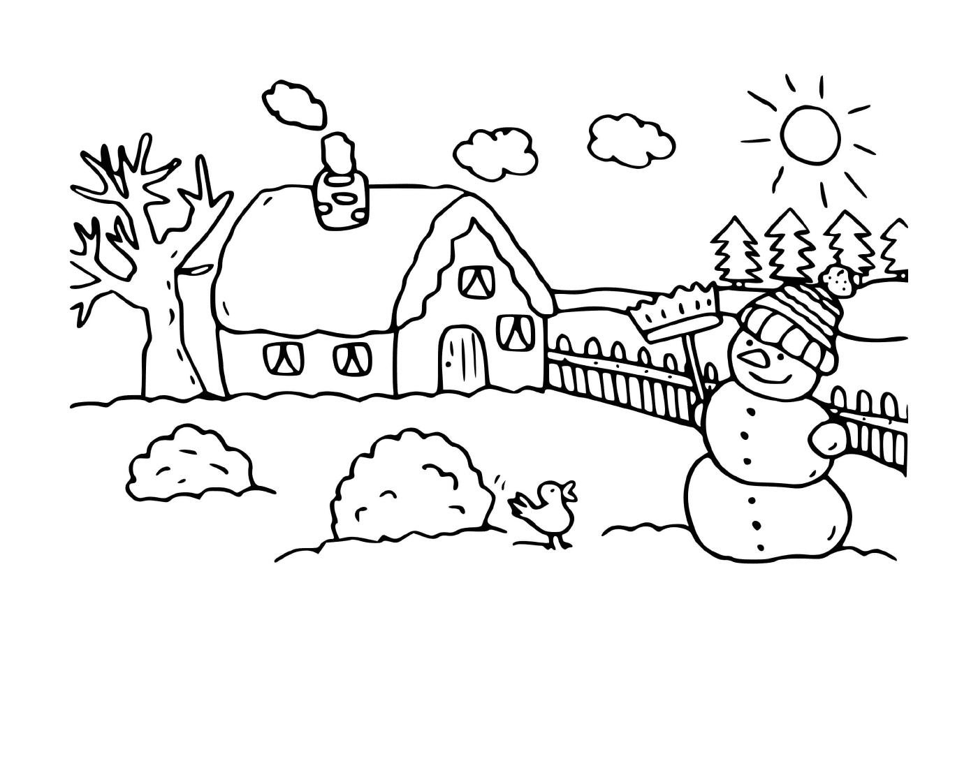 coloriage paysage froid maison hiver