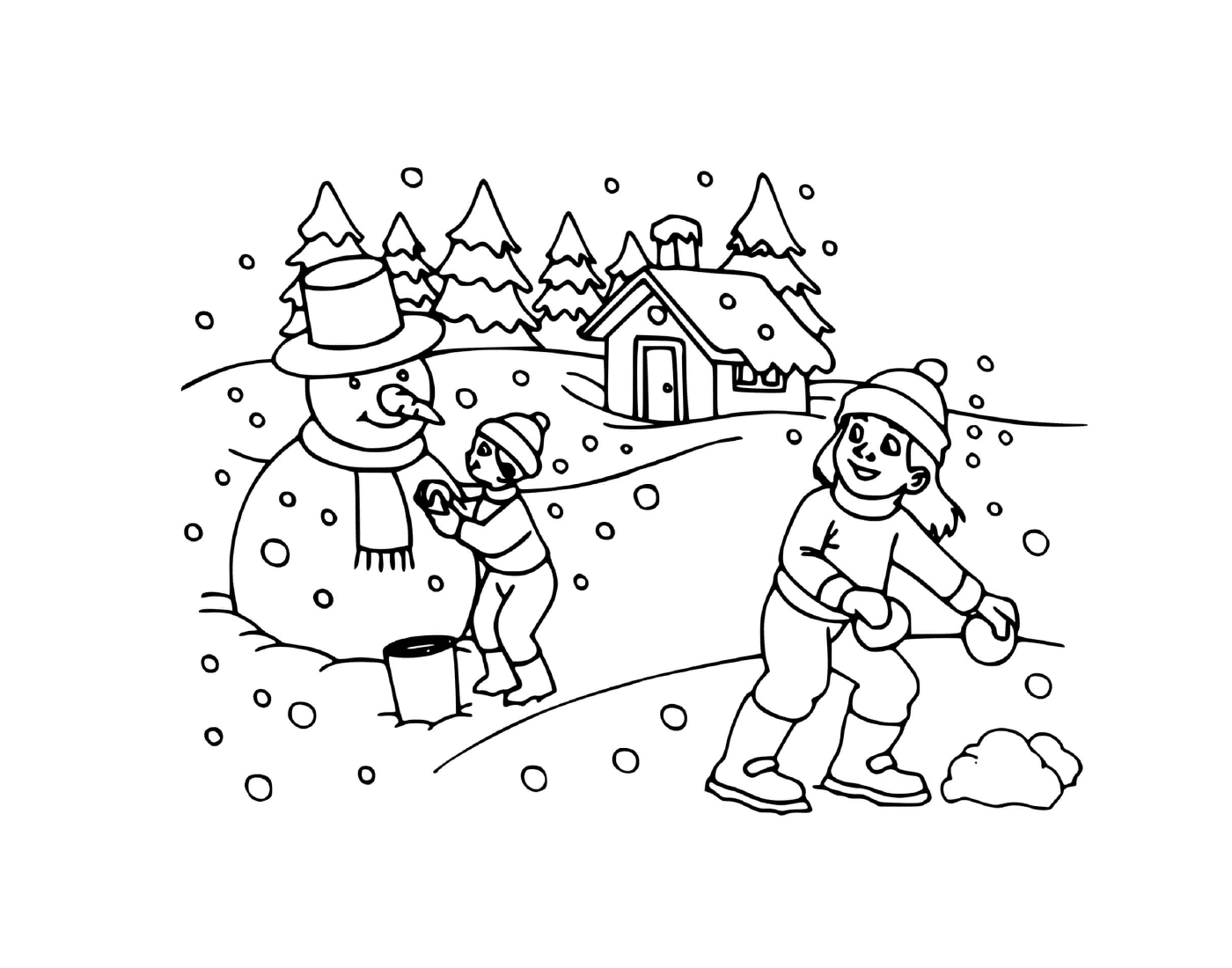 coloriage enfants maison sous la neige en hiver