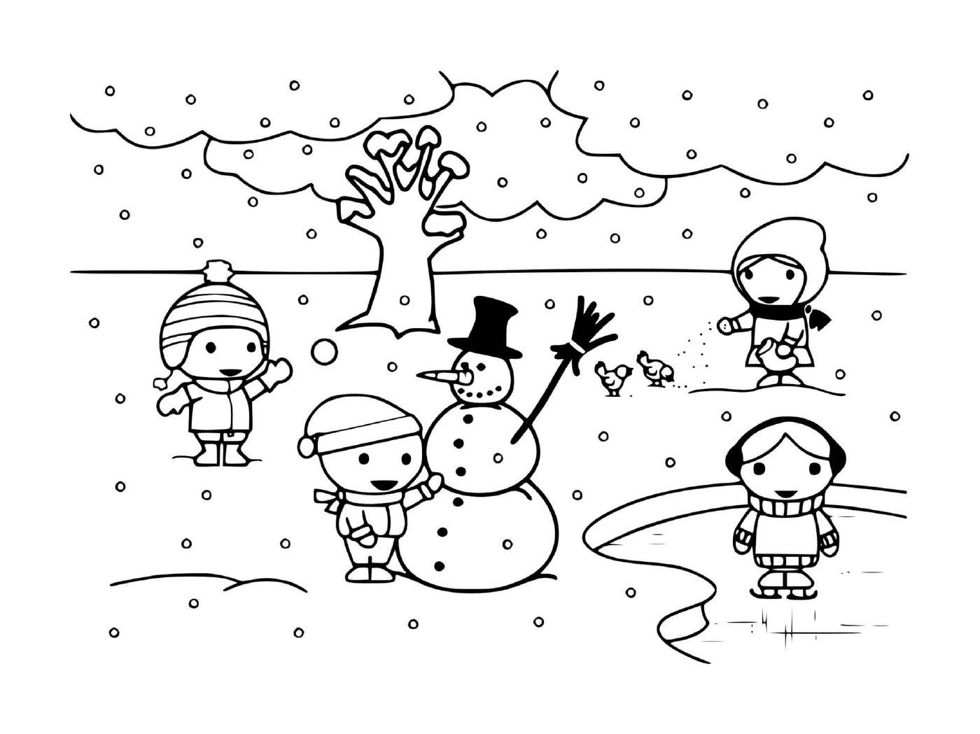 coloriage enfants jouent avec la neige en hiver