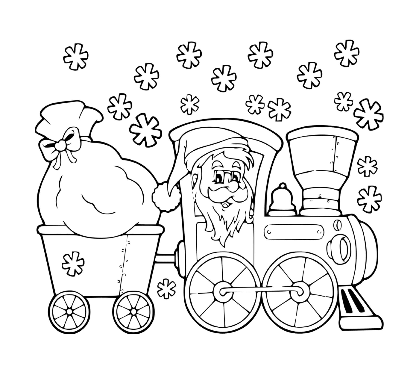 coloriage hiver flocons de neige pere noel sur un train pour distribuer des jouets