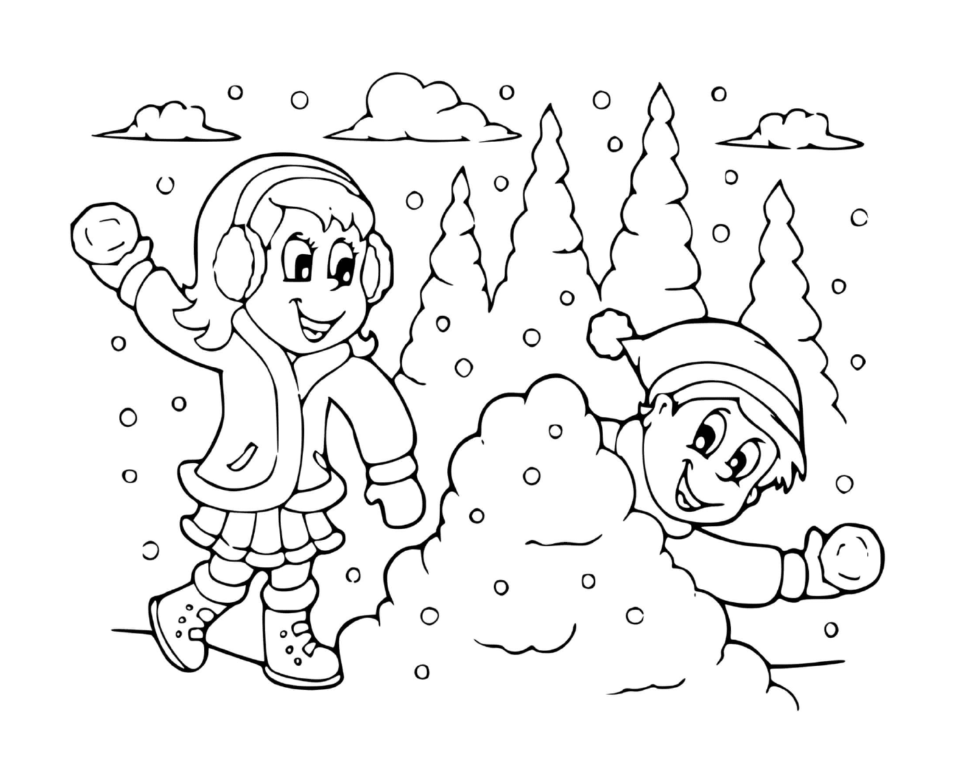 coloriage bataille de neige entre fille et garcon hiver