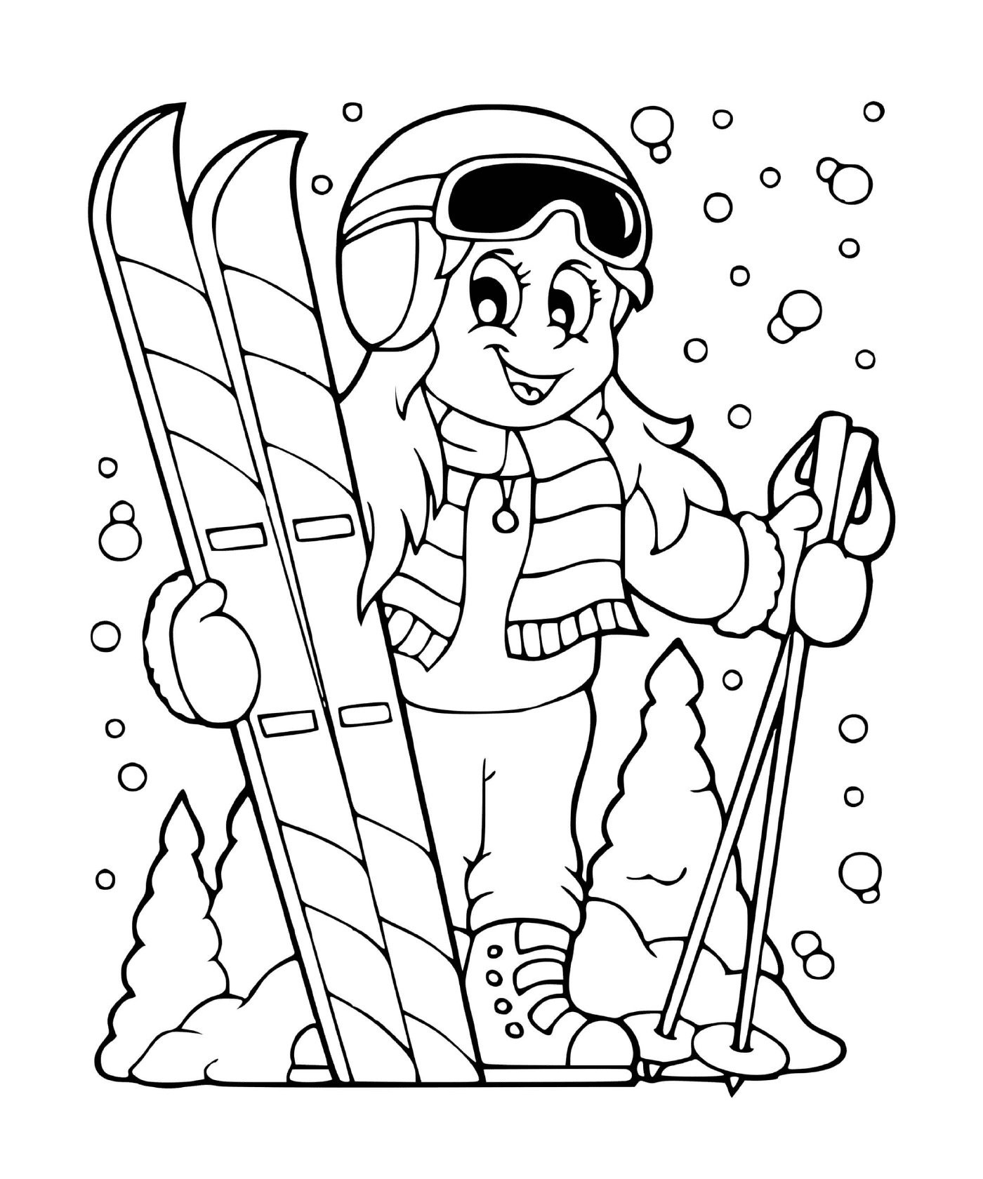 coloriage une fille sportive fait du ski alpin en hiver neiges flocons sapins