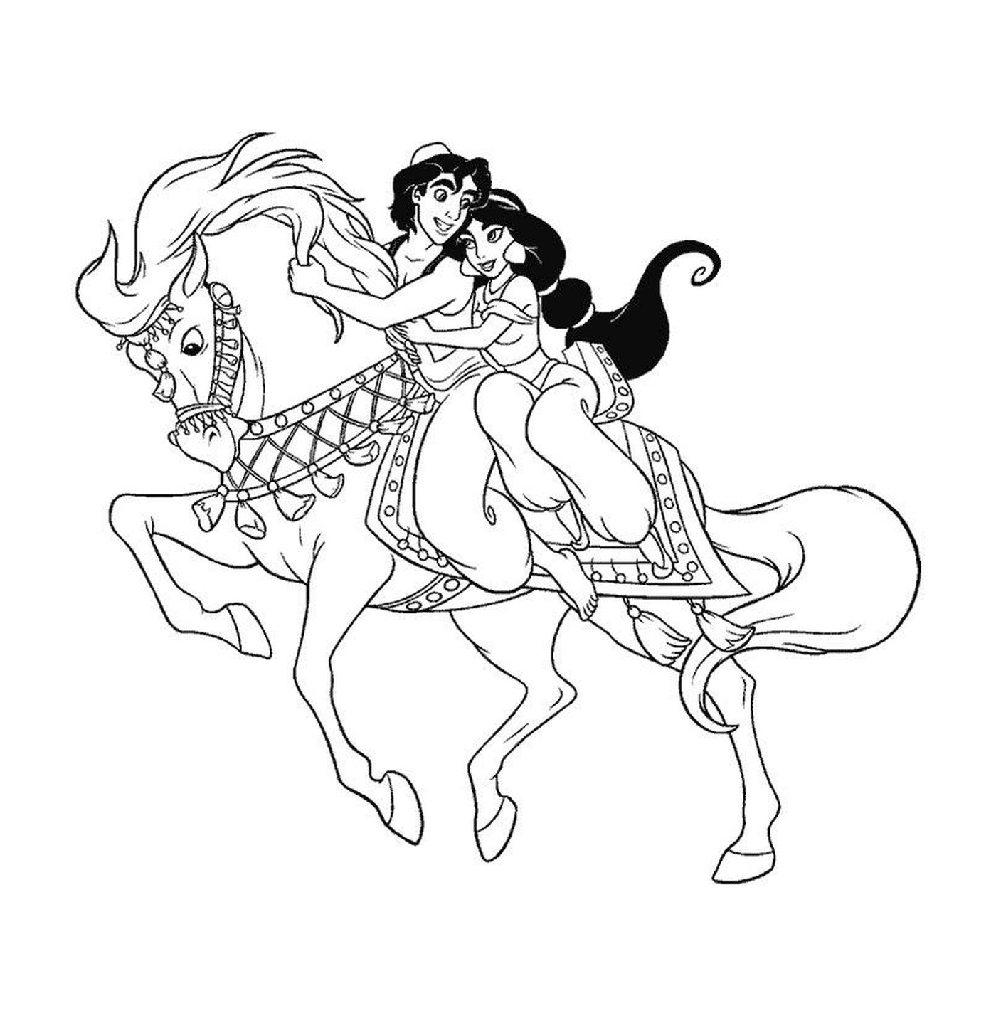 coloriage Aladdin et Jasmine sur un cheval