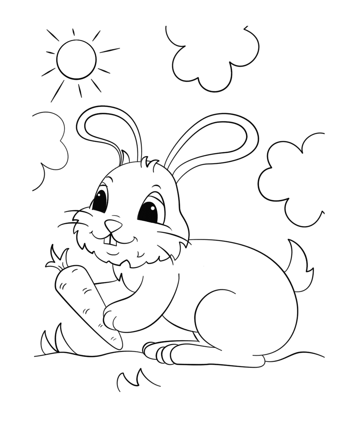 coloriage lapin tenant une carotte en plein soleil