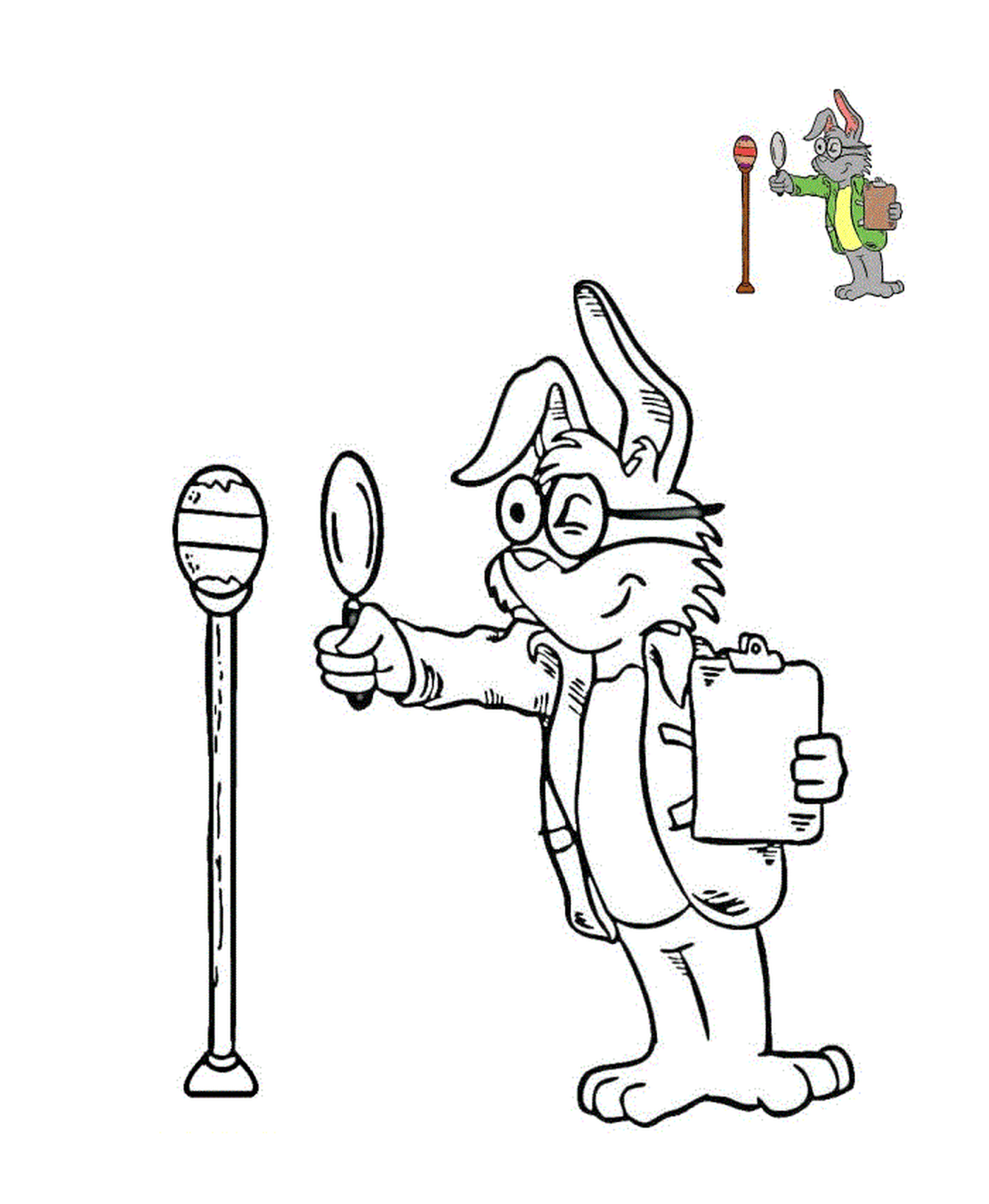 coloriage inspecteur lapin inspecte un oeuf de paques