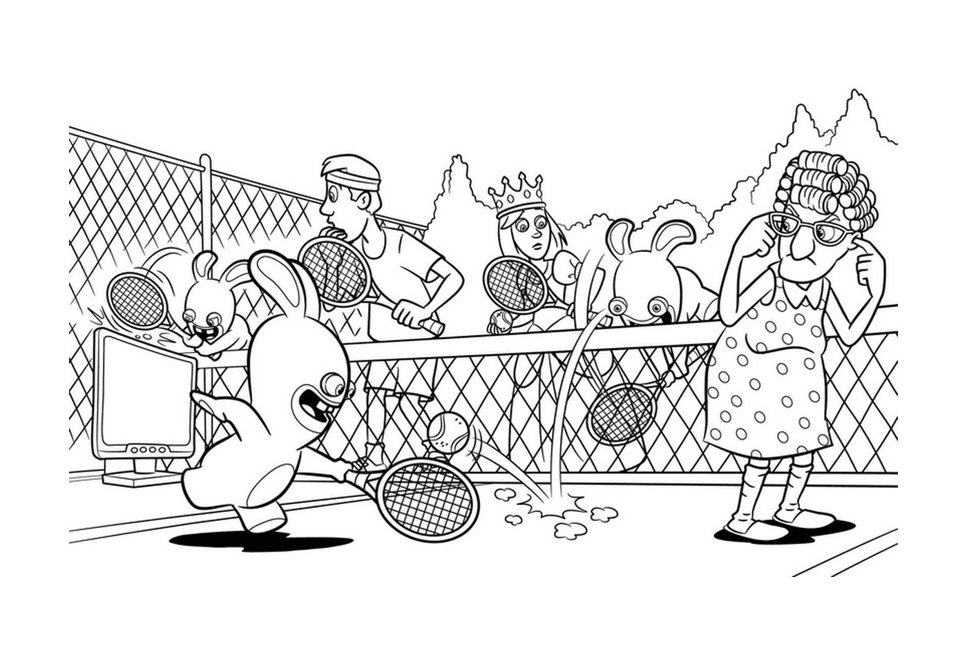 coloriage lapins cretins jouent au tennis