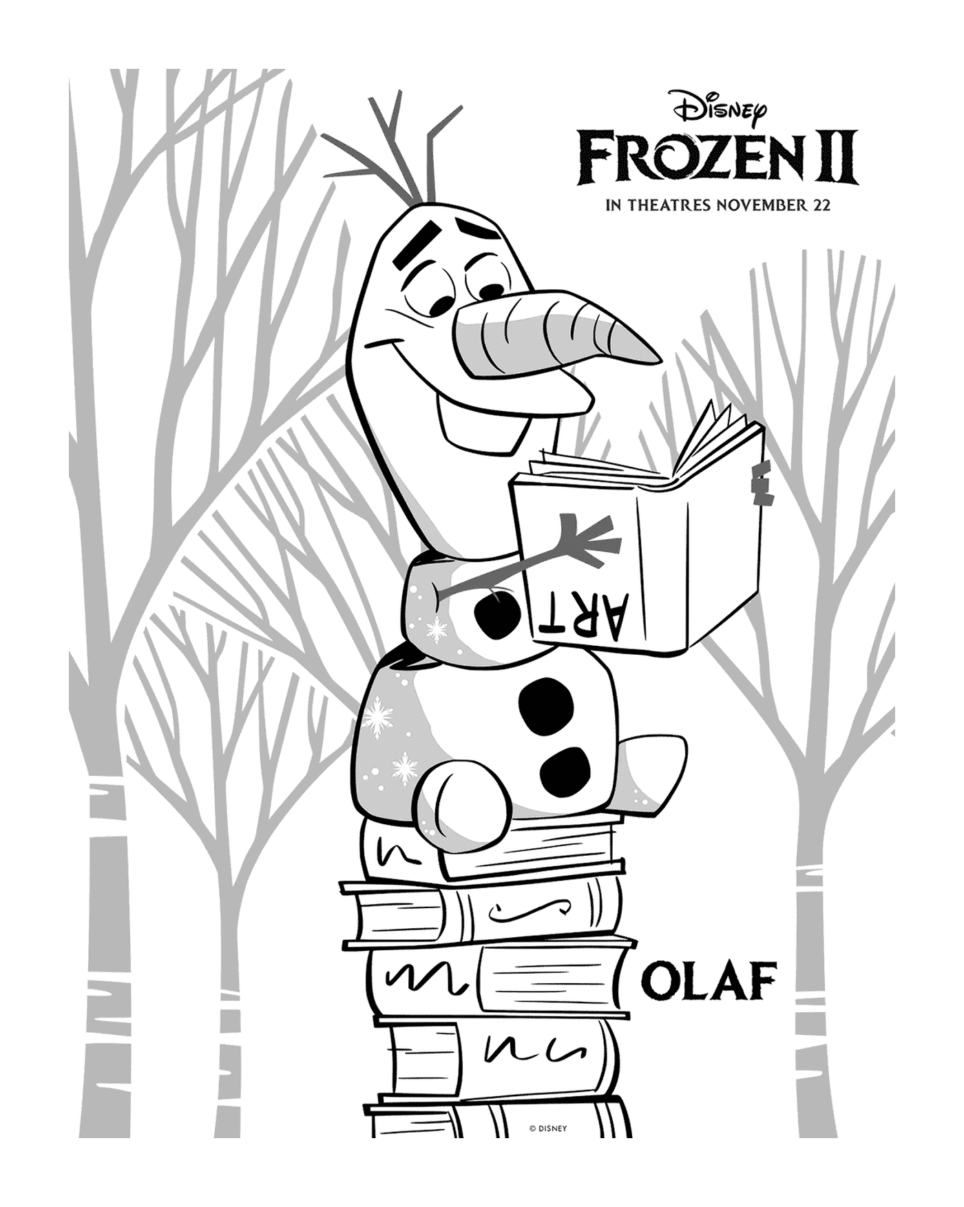 coloriage Olaf aime la lecture dans La reine des neiges 2 de Disney