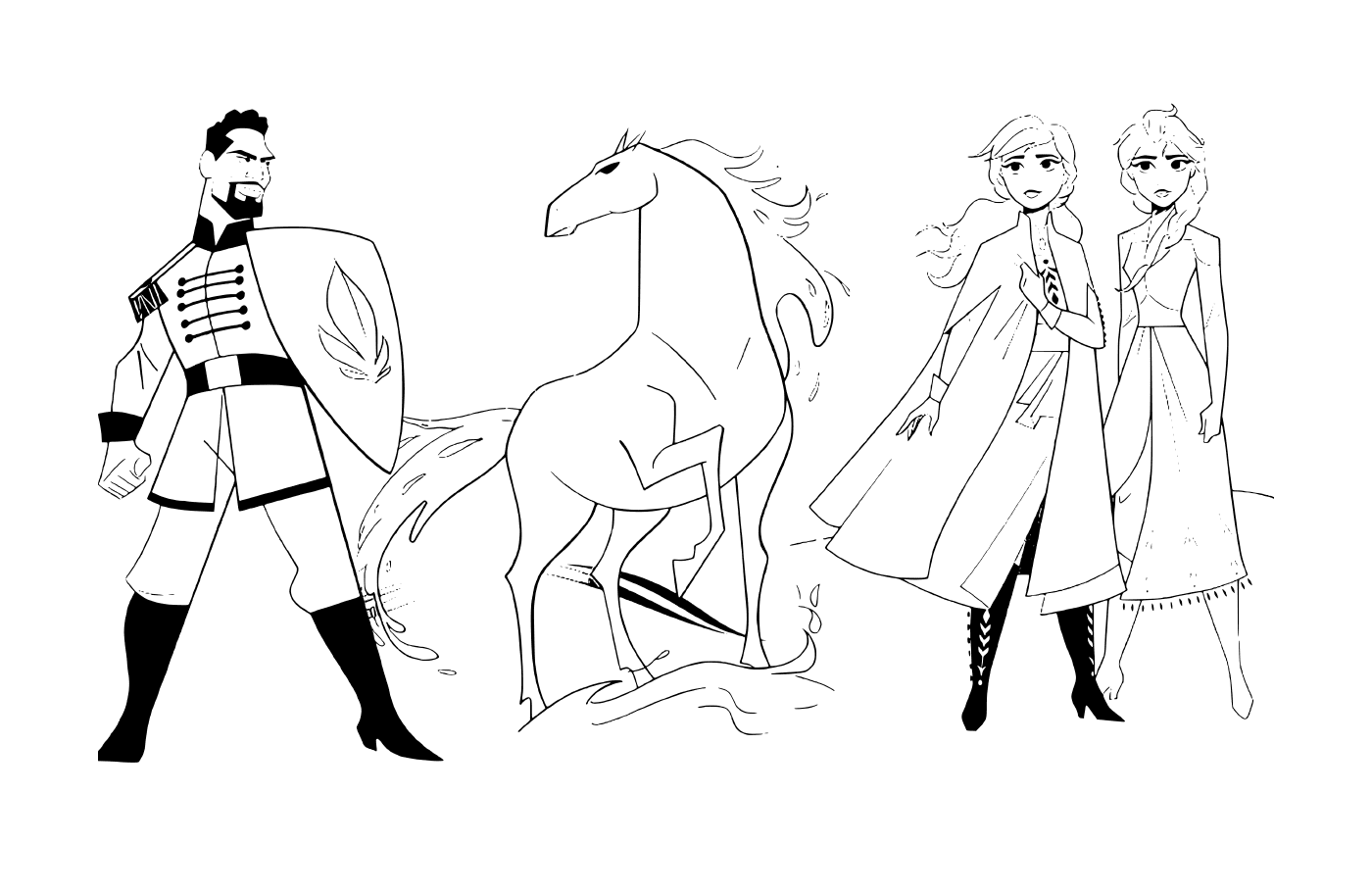 coloriage Anna et Elsa avec le cheval Nokk contre le Lieutenant Mattias de La reine des neiges 2