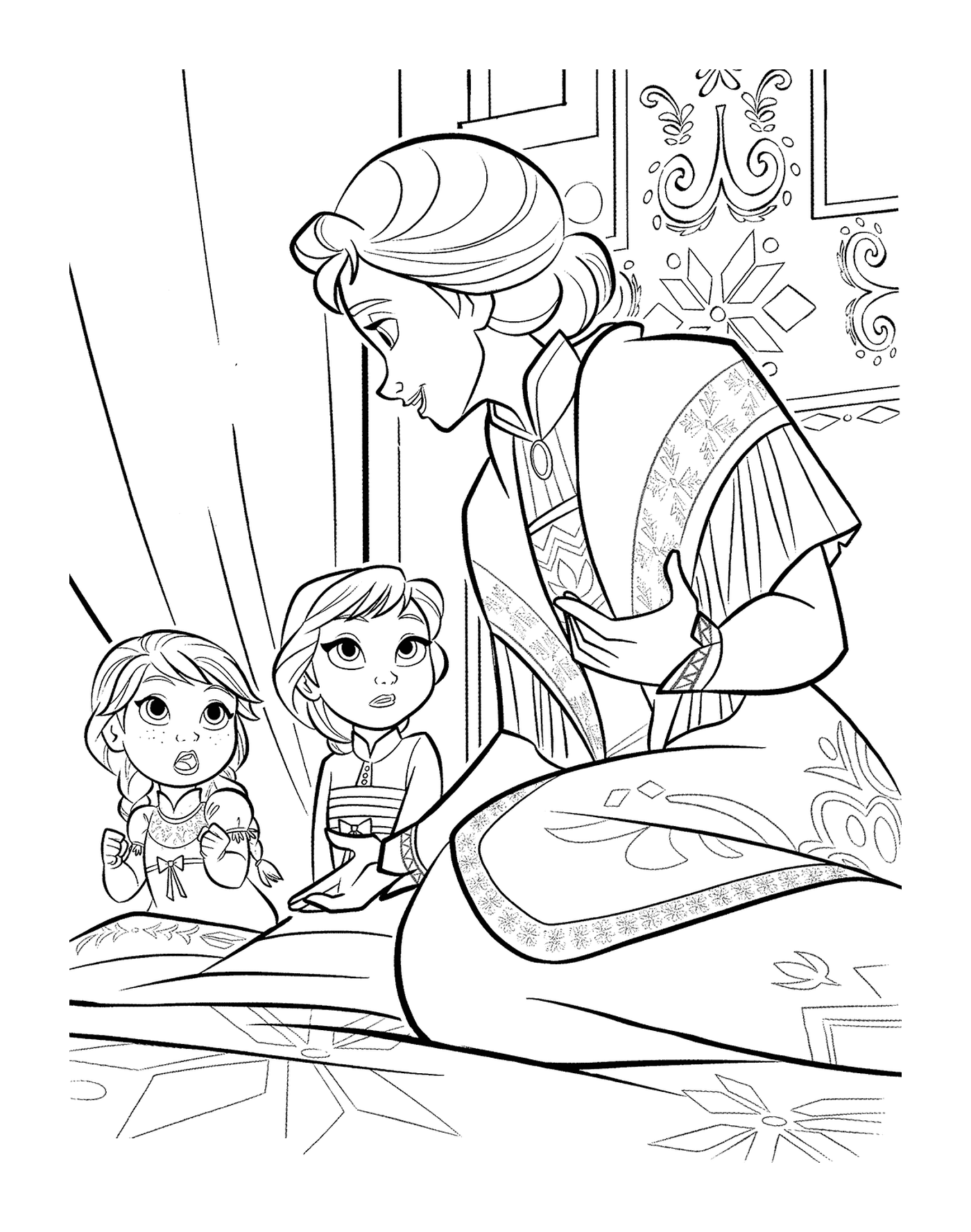 coloriage Little Anna et Elsa with Mother