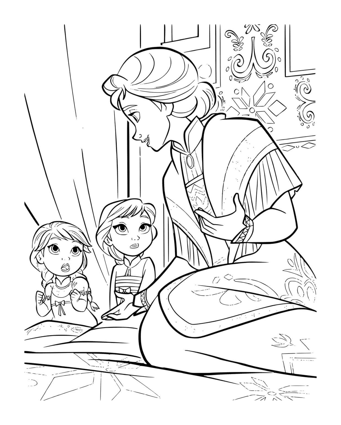 coloriage Little Anna et Elsa avec Mother