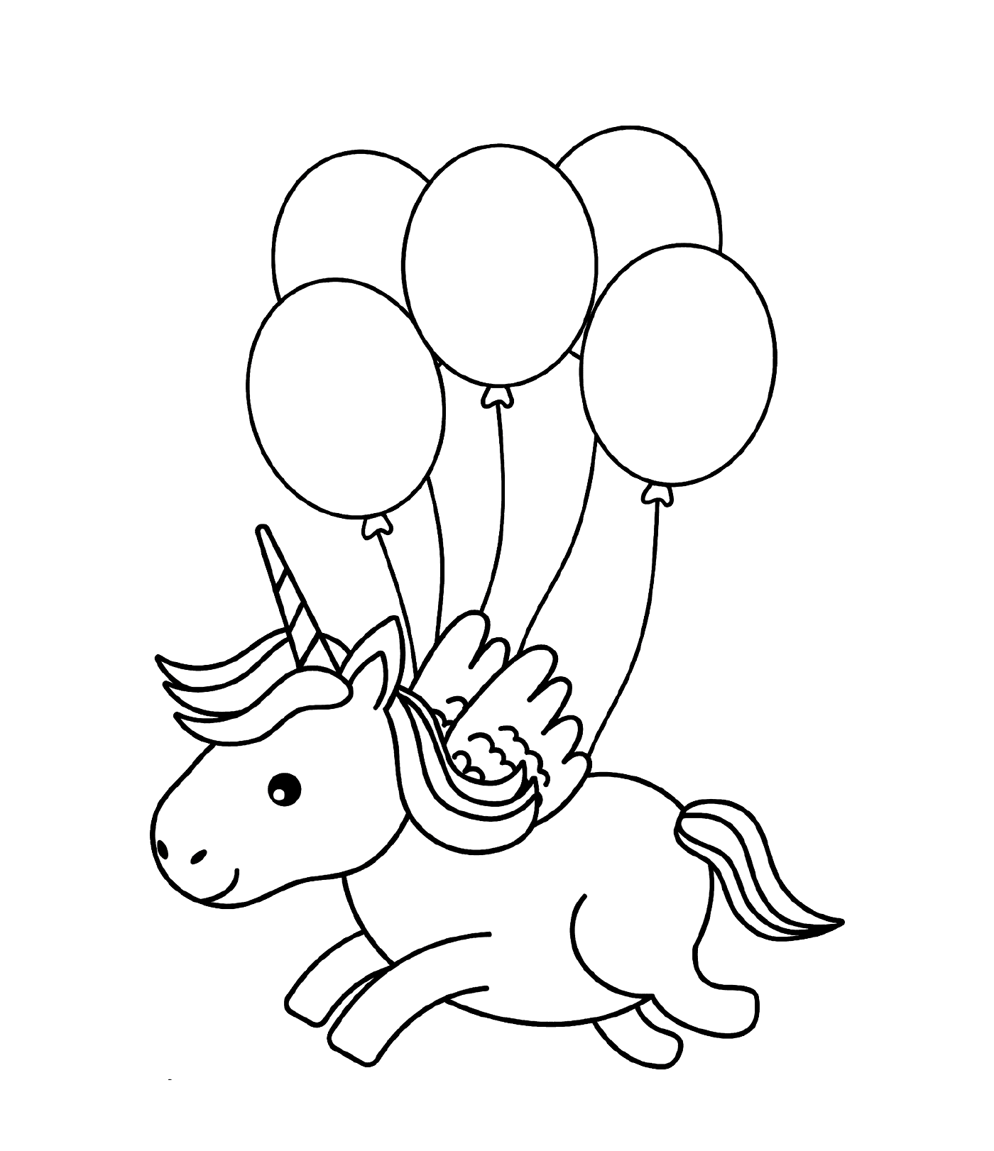 coloriage une licorne vol avec des ballons dans les airs