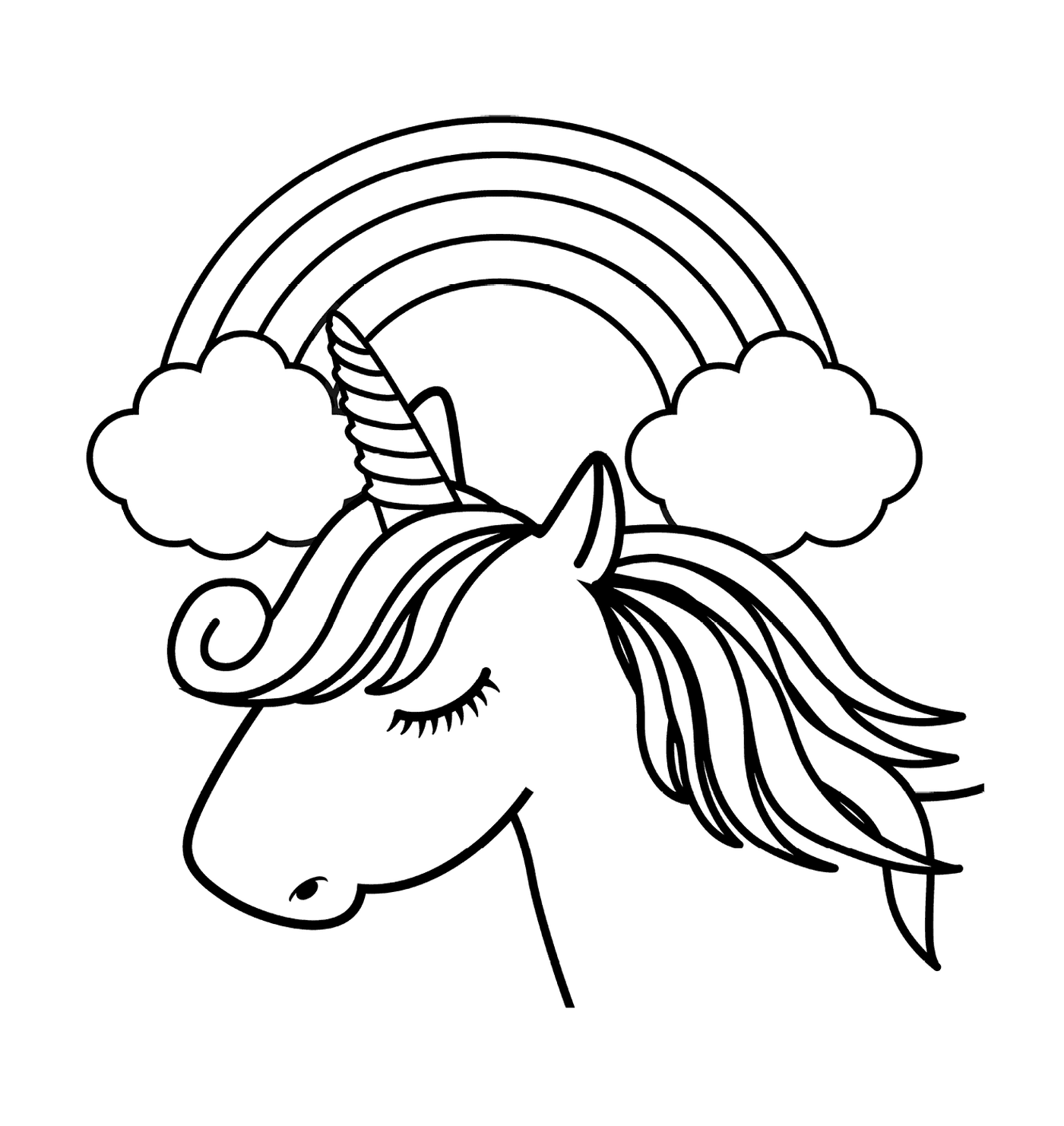coloriage licorne blanche avec une corne unique devant un arc en ciel