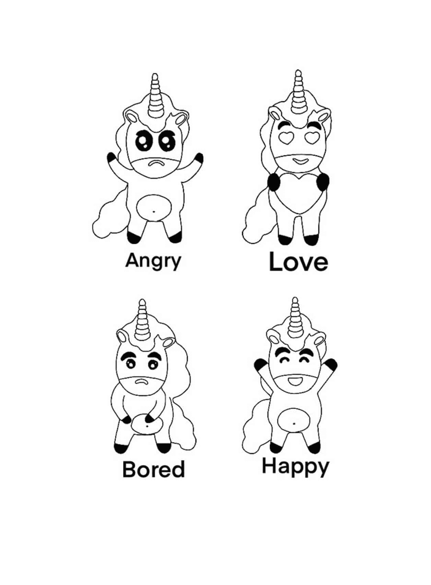 coloriage Unicorn Emoji Angry Bored Happy Love