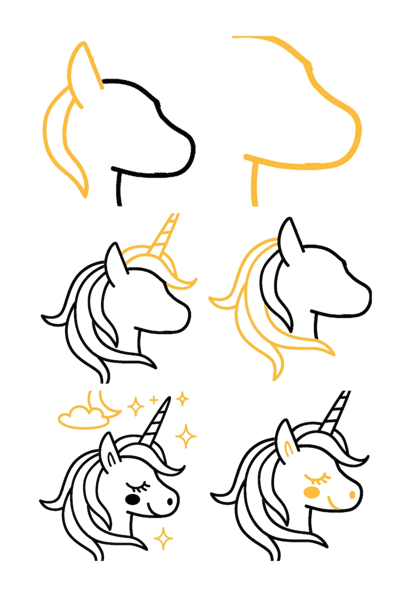 tuto comment dessiner licorne kawaii simple tete de licorne aux contours noirs avec etoiles nuages