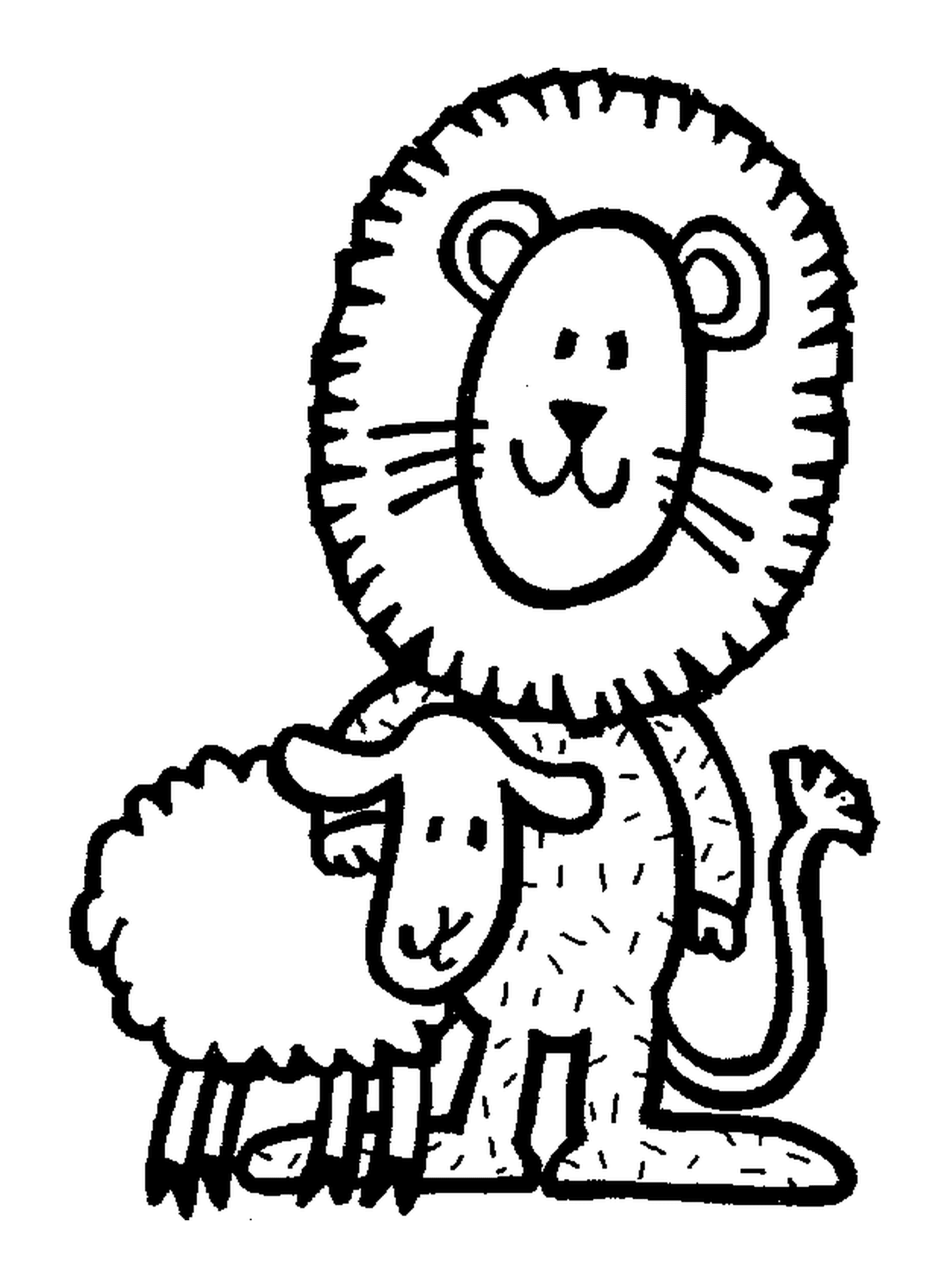 coloriage lion avec un mouton