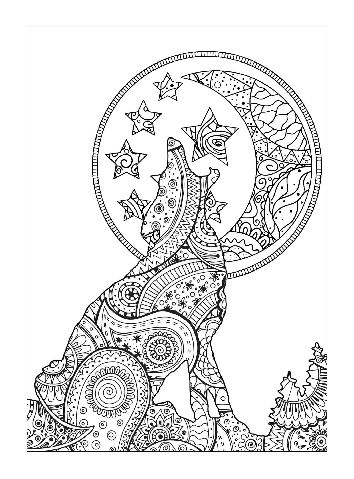 coloriage loup mandala zentangle lune