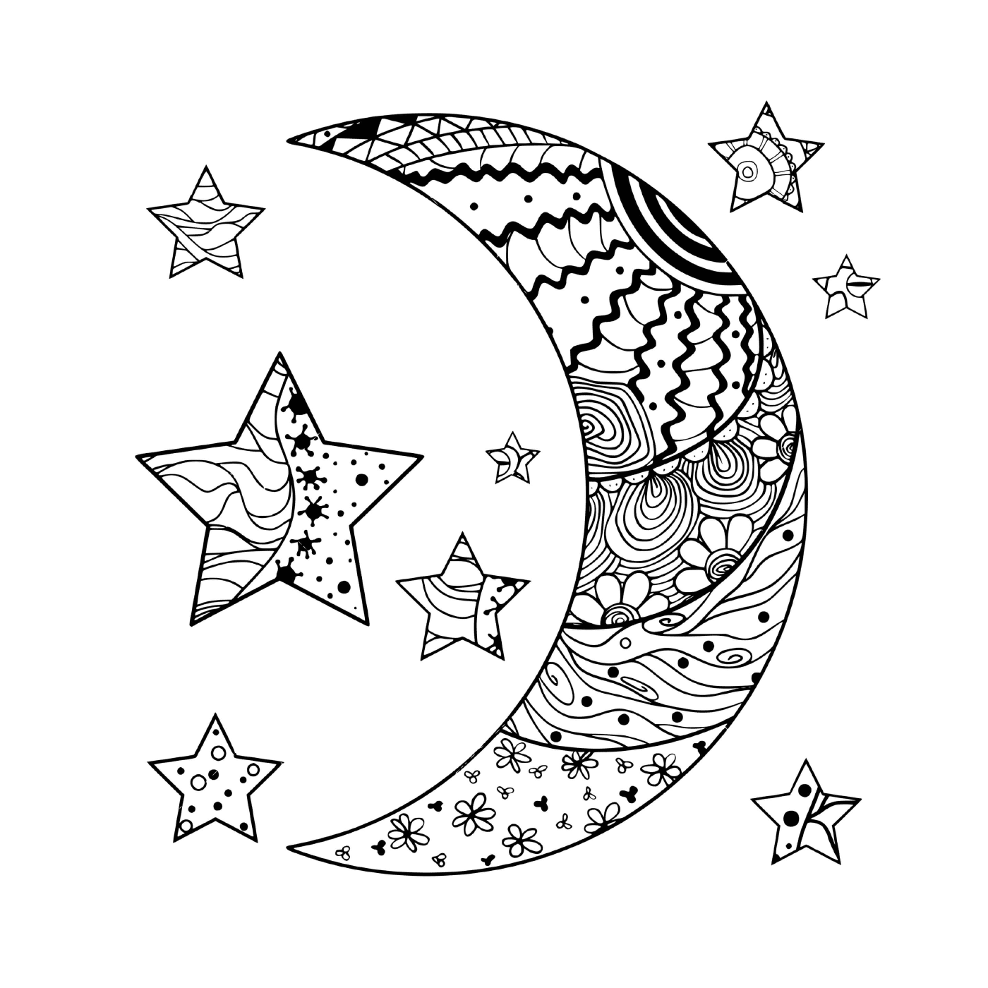 coloriage lune et etoile avec des motifs abstraits mandala