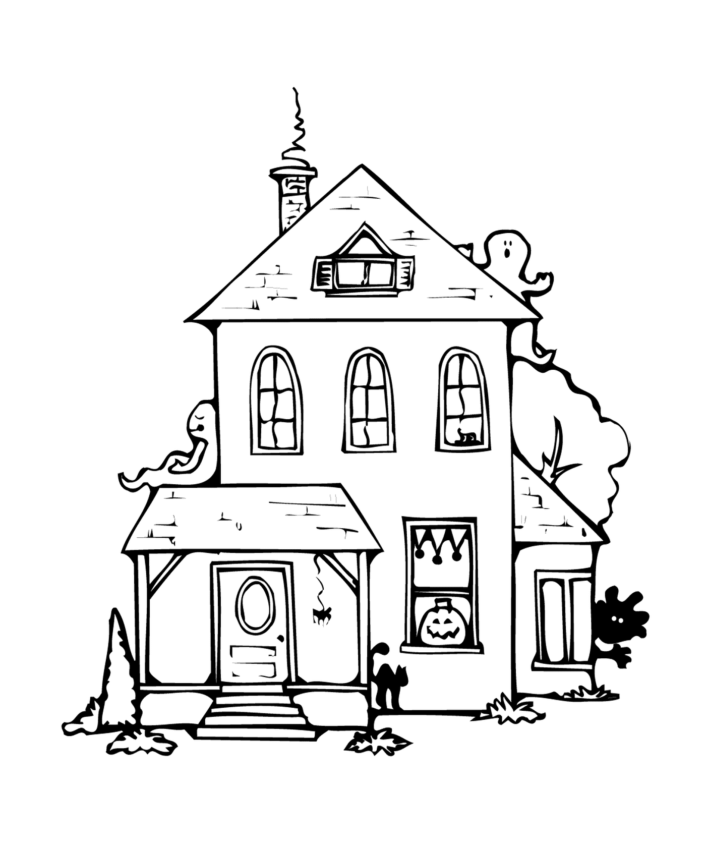 coloriage maison hantee halloween avec fantomes citrouille chat