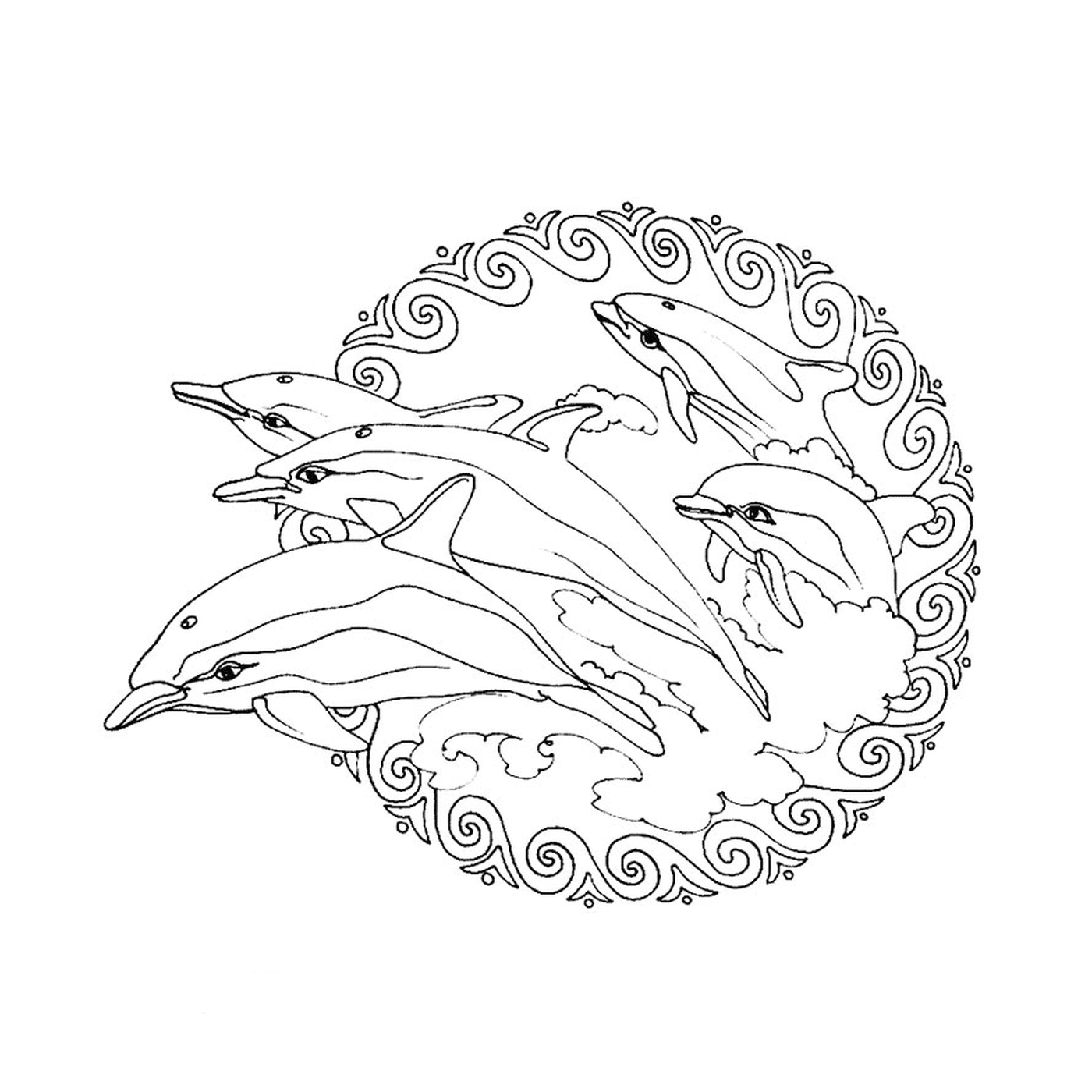 coloriage mandala simple avec des dauphins