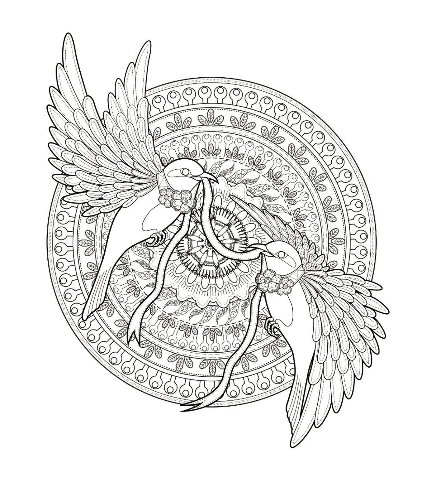 coloriage mandala complexe adulte avec deux oiseaux