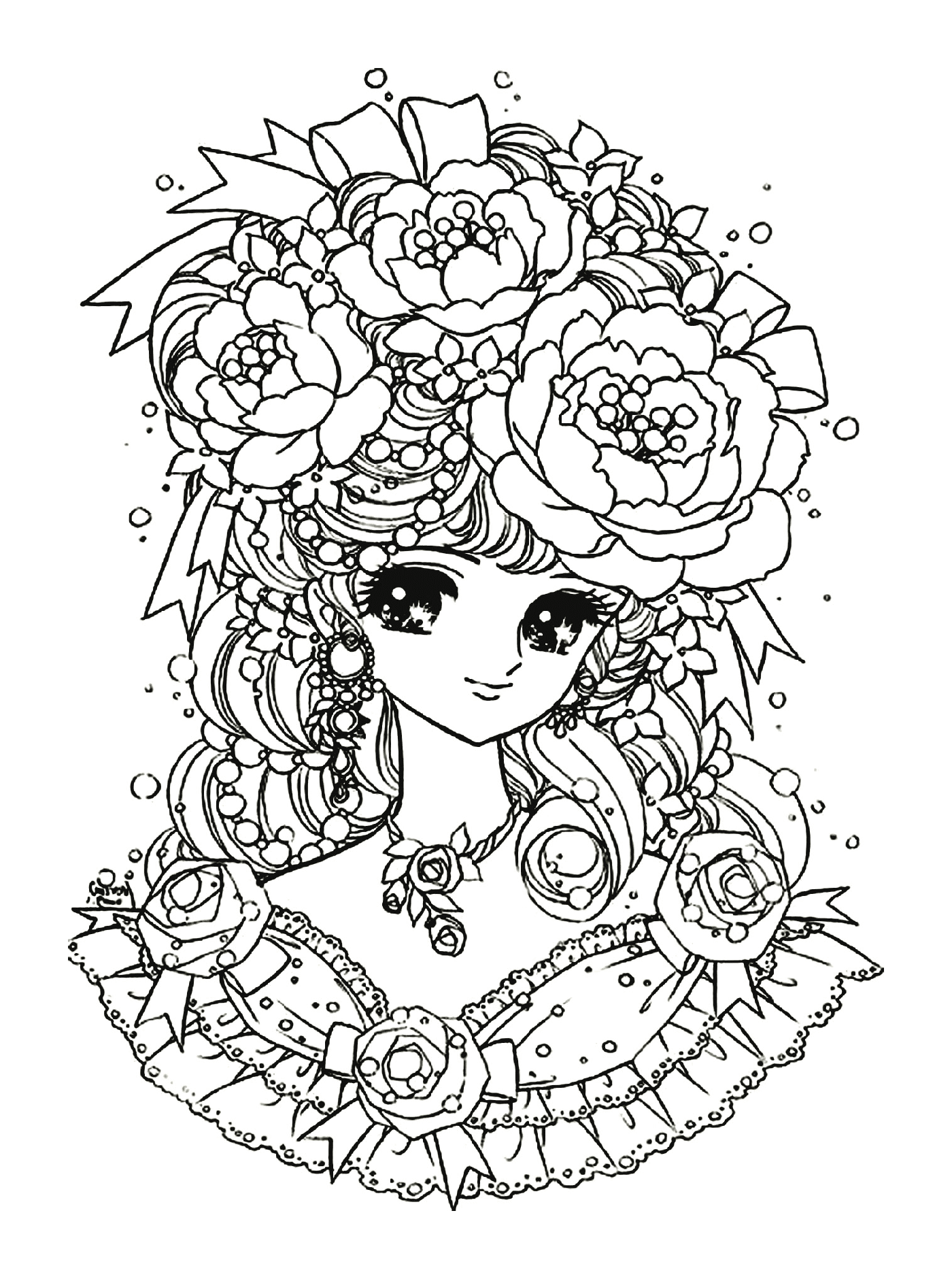coloriage coloring adult back to childhood manga girl flowers