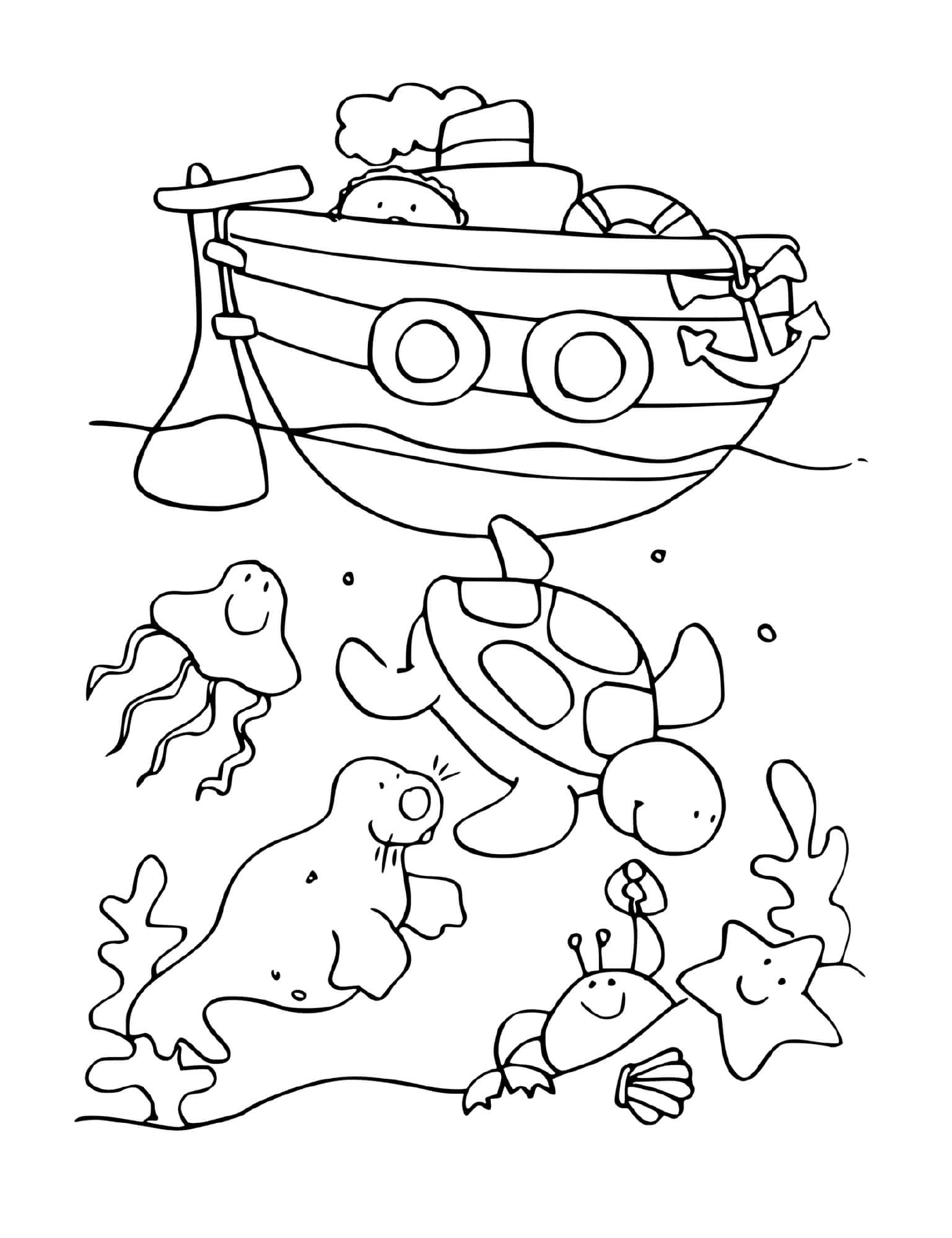 coloriage fond de mer et animaux marins avec bateau de mer