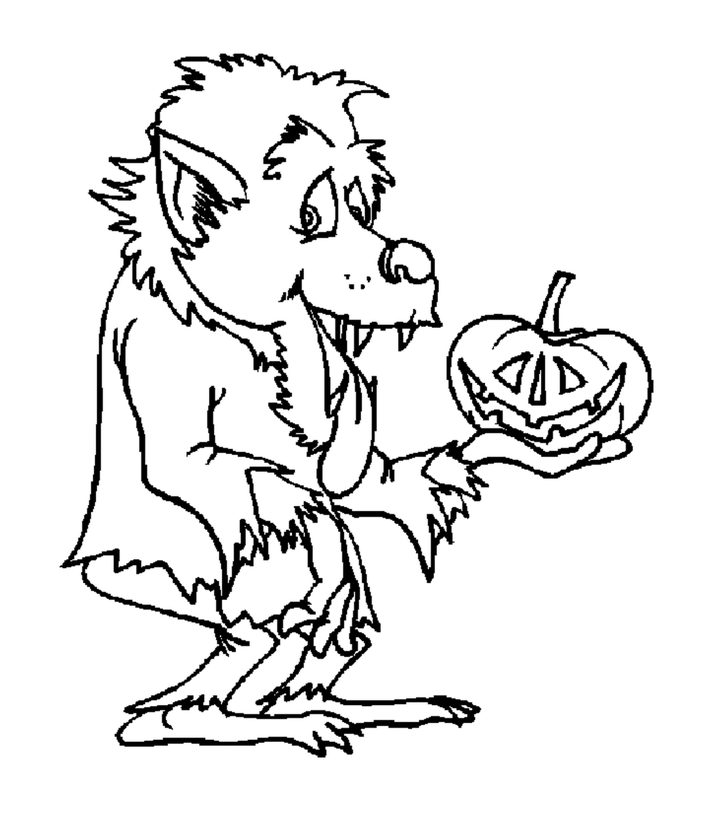 coloriage Un loup garou avec une citrouille d Halloween