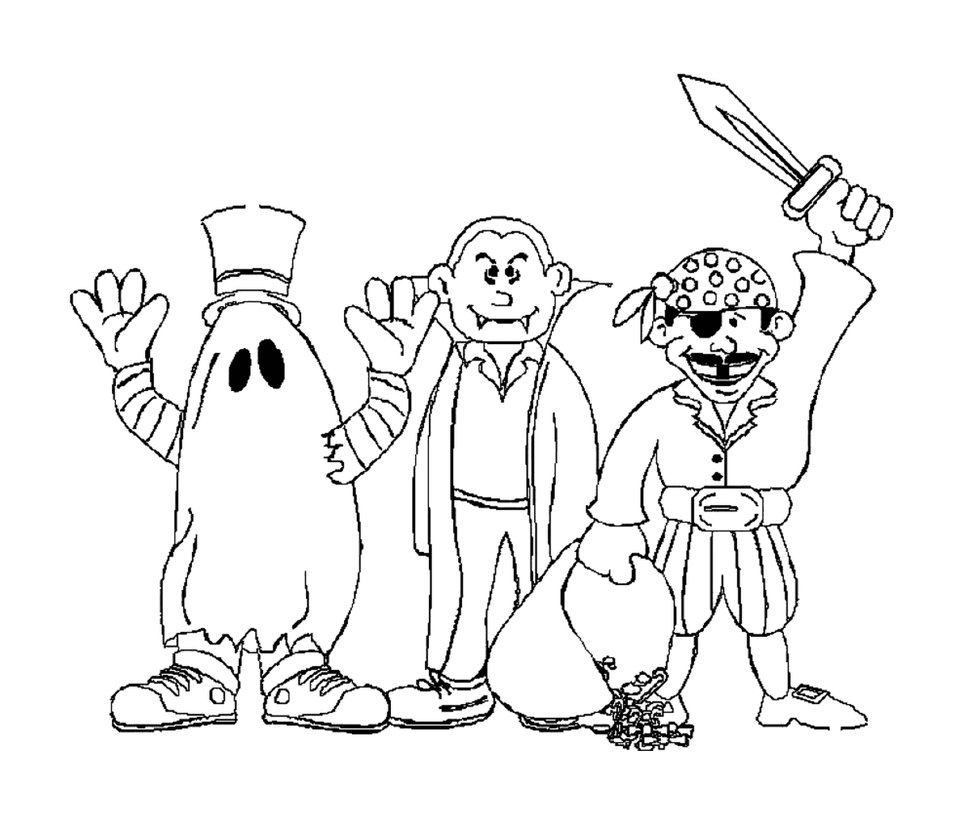 coloriage trois monstres de sortis pour Halloween