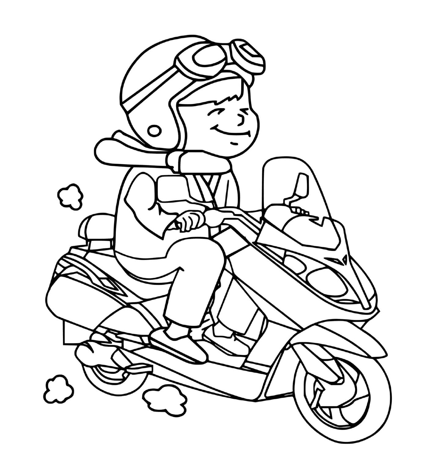 coloriage enfant avec sa petite moto scooter
