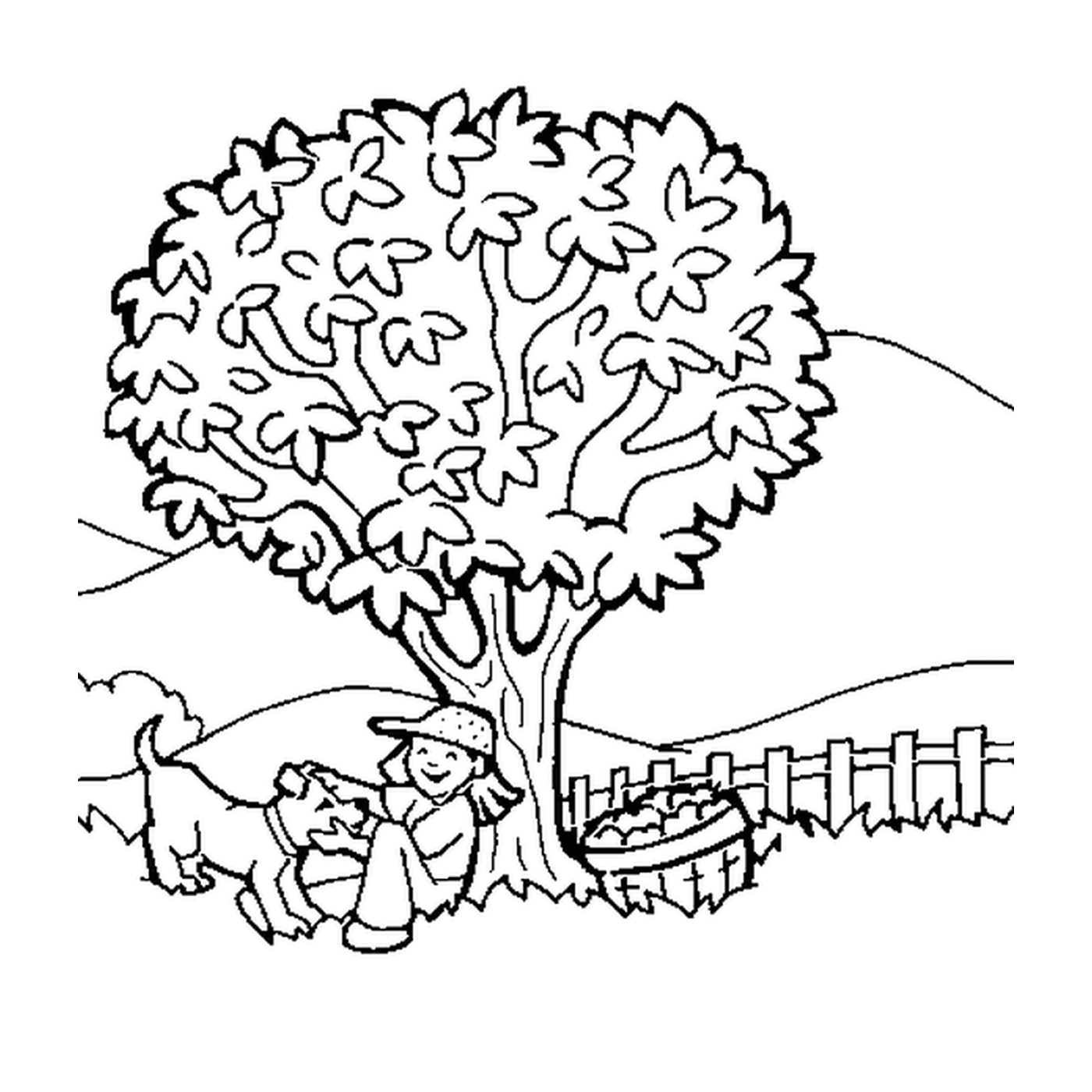 coloriage nature arbre de pommes avec chien