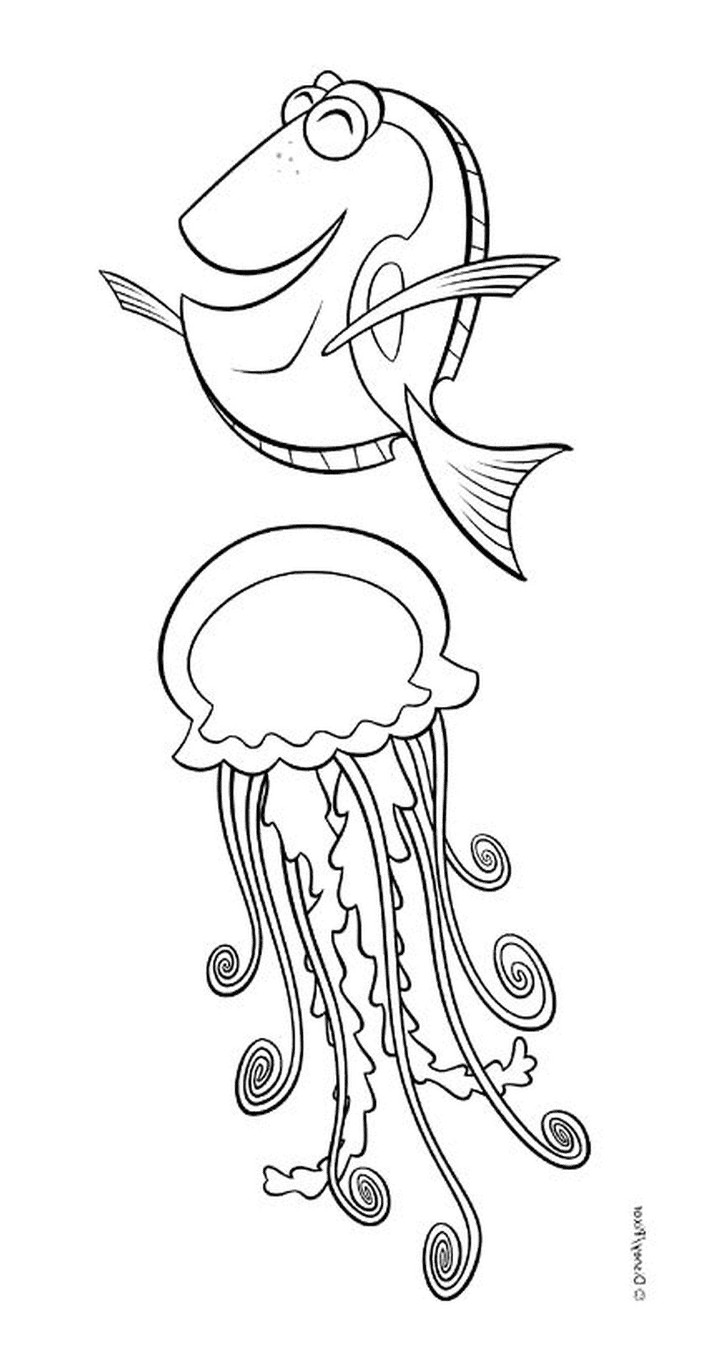 coloriage Dory avec une meduse