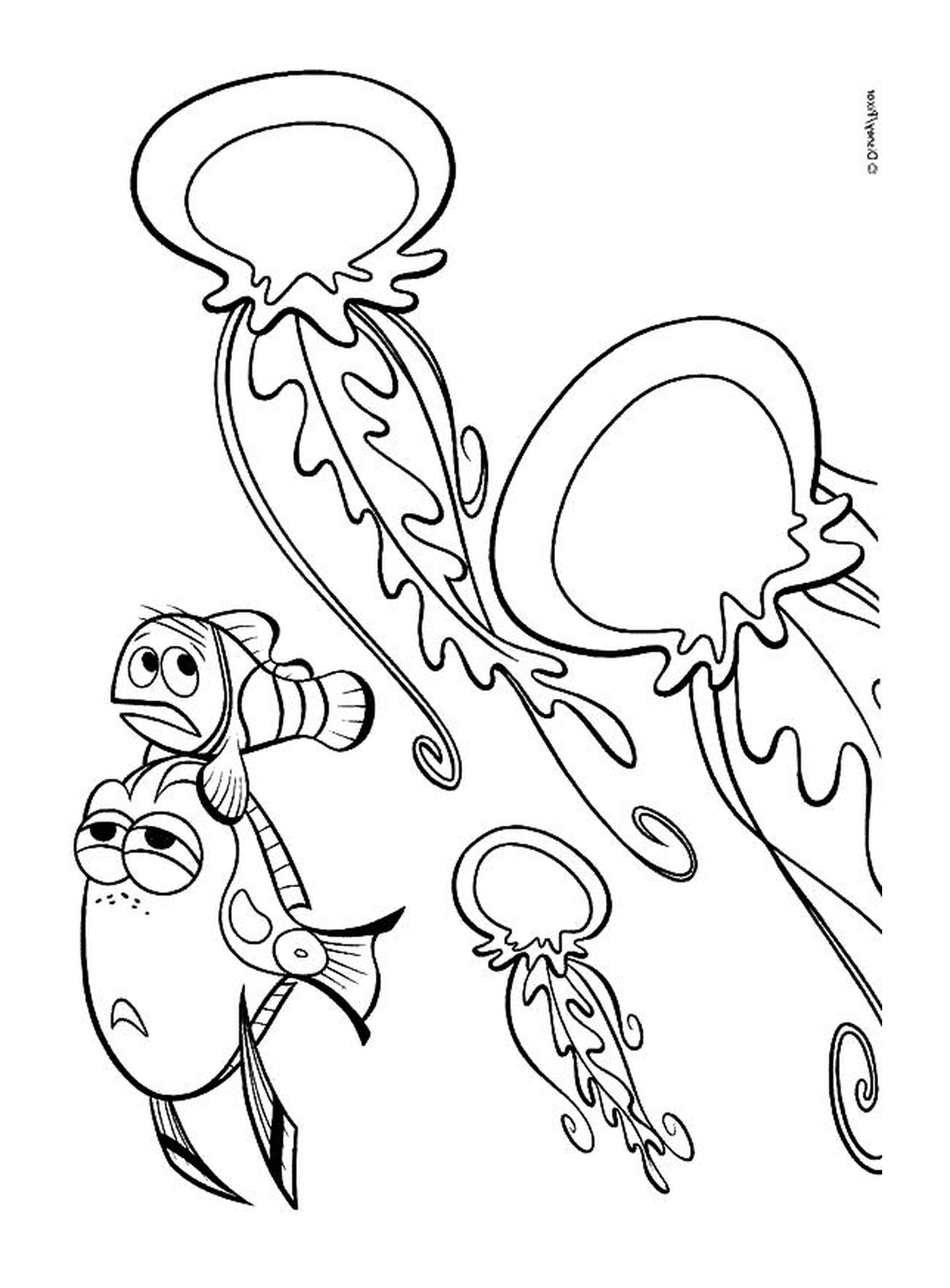 coloriage marin et Dory nagent parmi les meduses