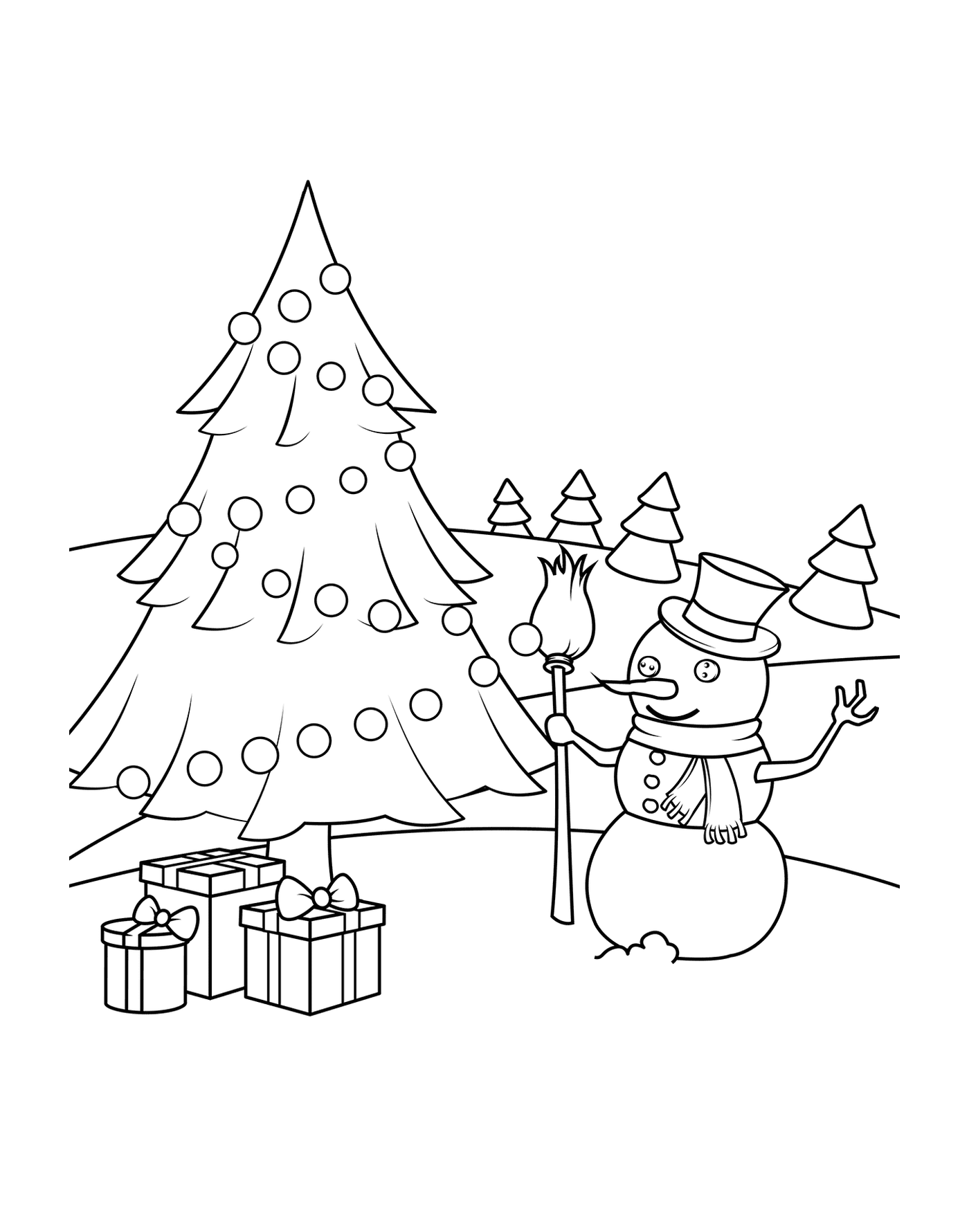 coloriage bonhomme de neige avec un sapin et des cadeaux de noel